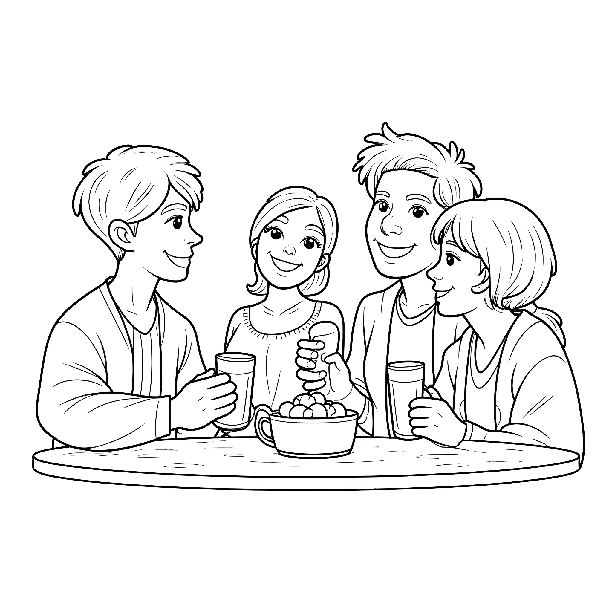 Beer friends enjoying casual gathering Coloring Page (free black-and-white line drawing printable PDF for all, from beginners to advanced learners, including children, teens, adults, and seniors)