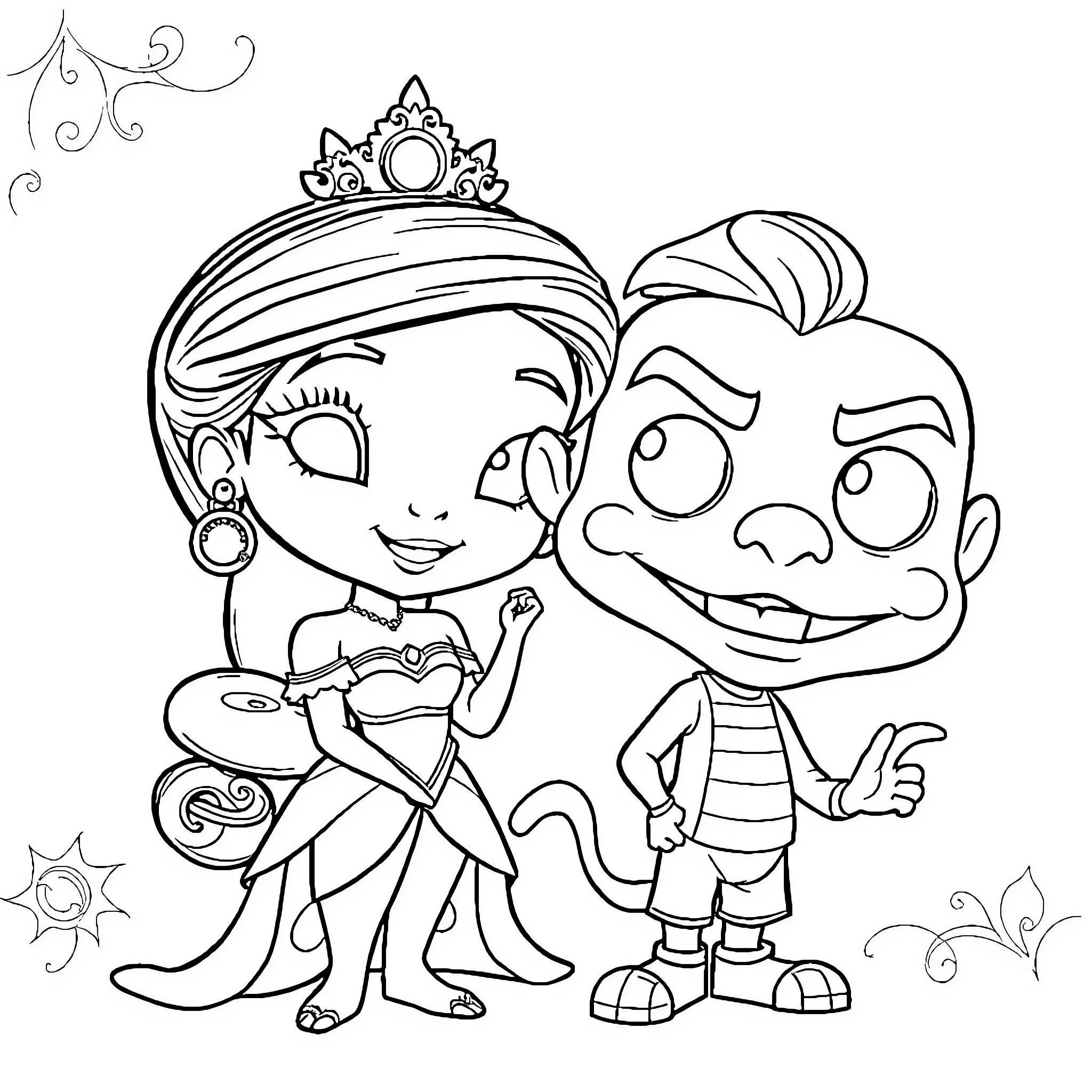 Princess Tiana and her friend in a playful pose Coloring Page (free black-and-white line drawing printable PDF for all, from beginners to advanced learners, including children, teens, adults, and seniors)