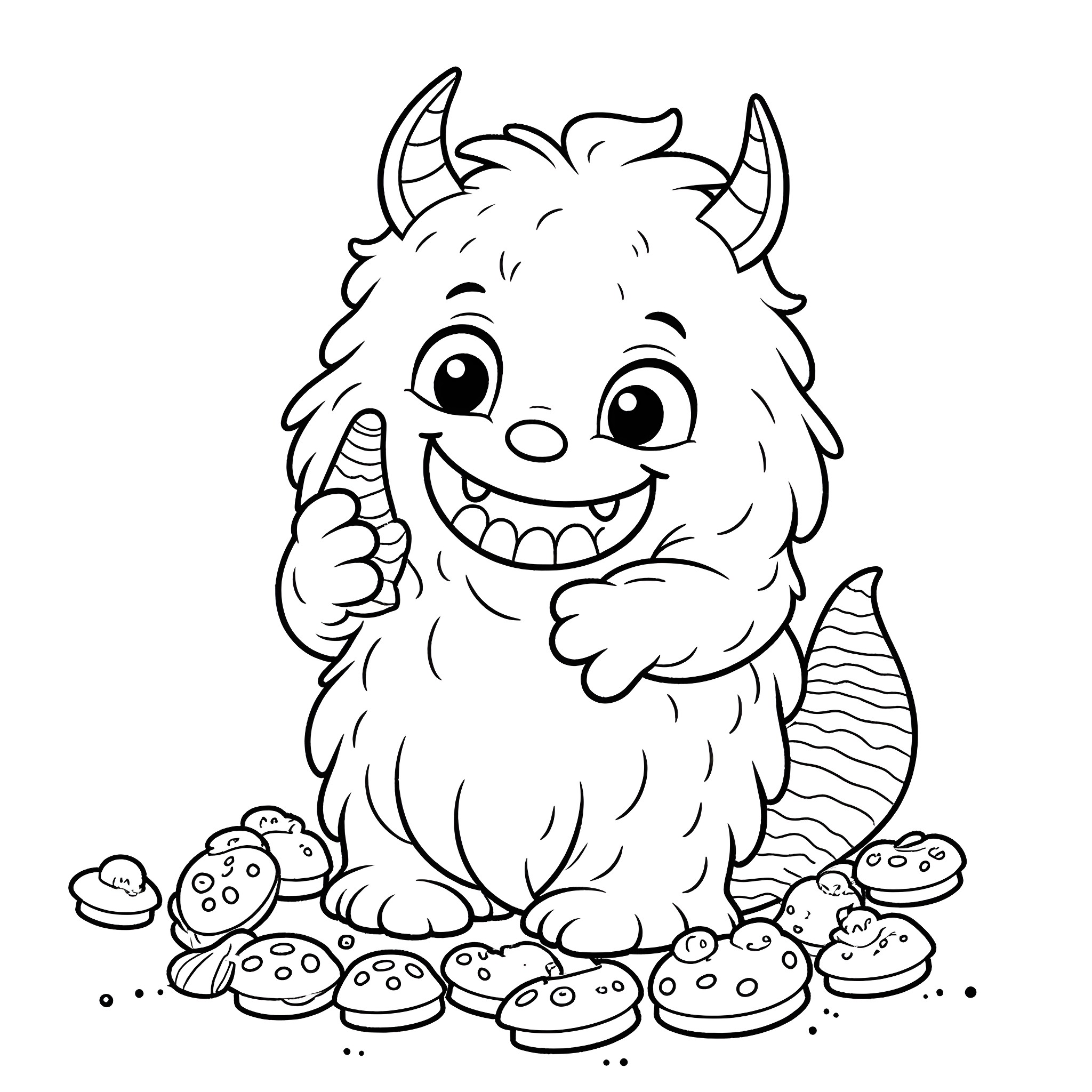 Monster happily sharing treats with friends Coloring Page (free black-and-white line drawing printable PDF for all, from beginners to advanced learners, including children, teens, adults, and seniors)