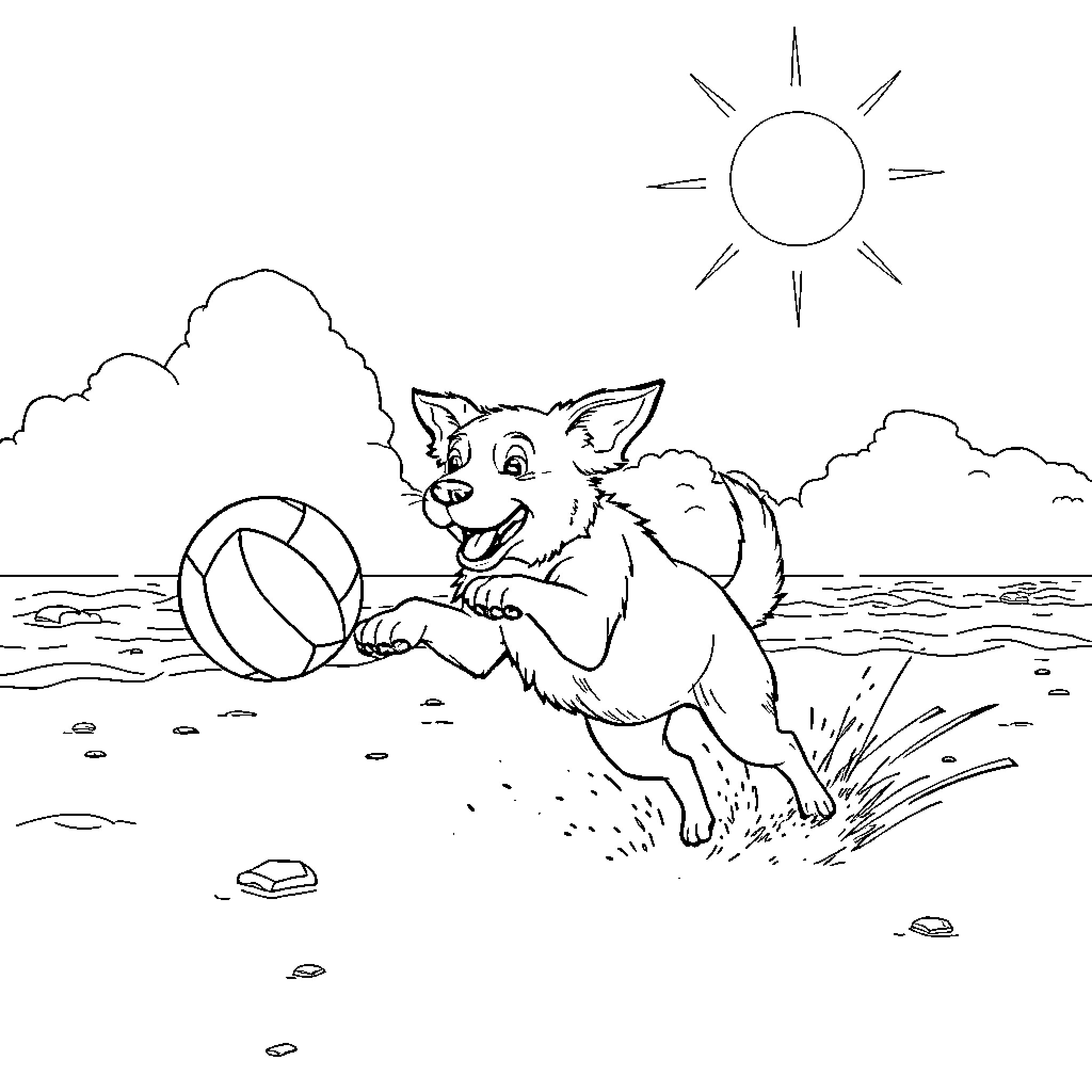 Dog playing happily with beach ball in sunny day Coloring Page (free black-and-white line drawing printable PDF for all, from beginners to advanced learners, including children, teens, adults, and seniors)