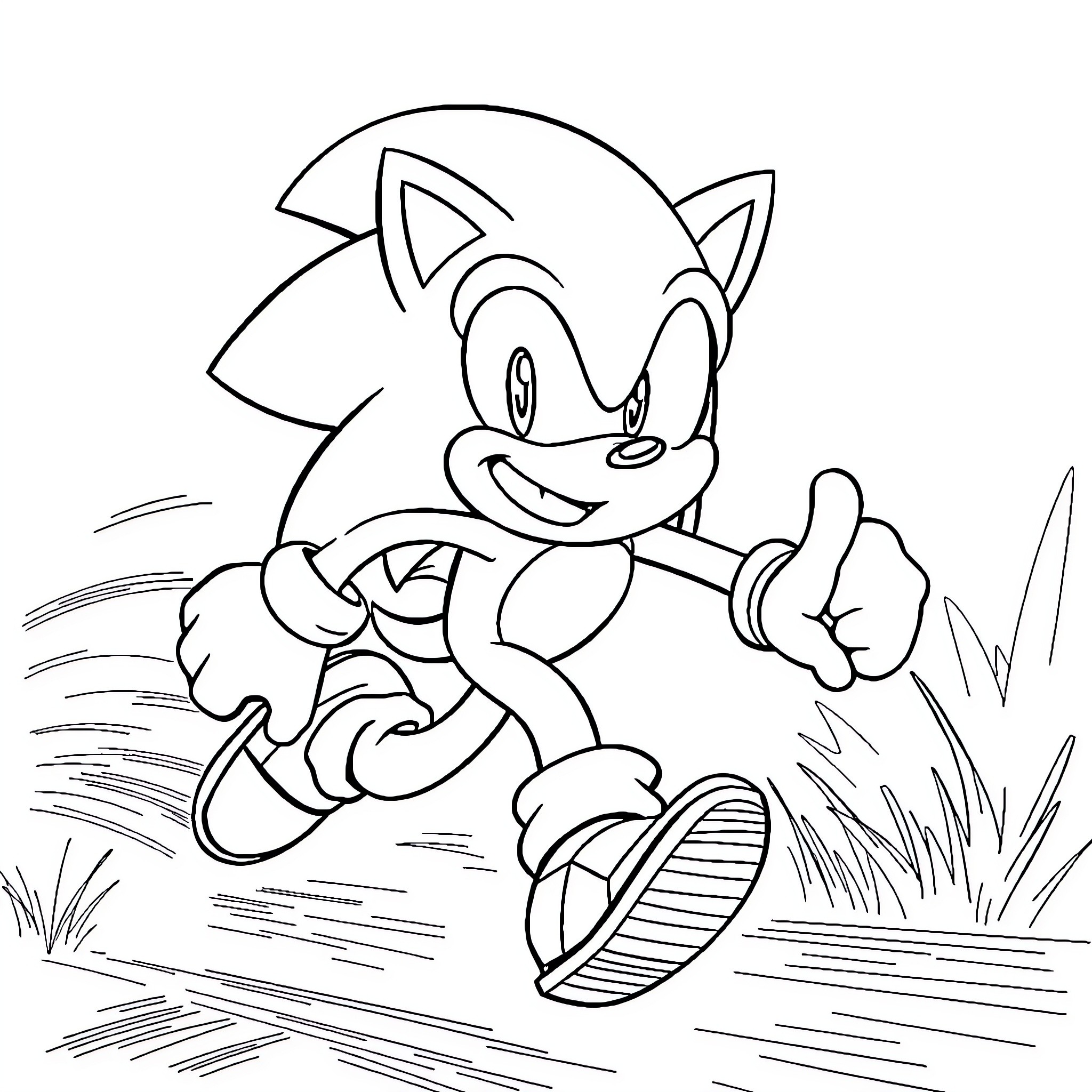 Sonic running excitedly through the landscape Coloring Page (free black-and-white line drawing printable PDF for all, from beginners to advanced learners, including children, teens, adults, and seniors)