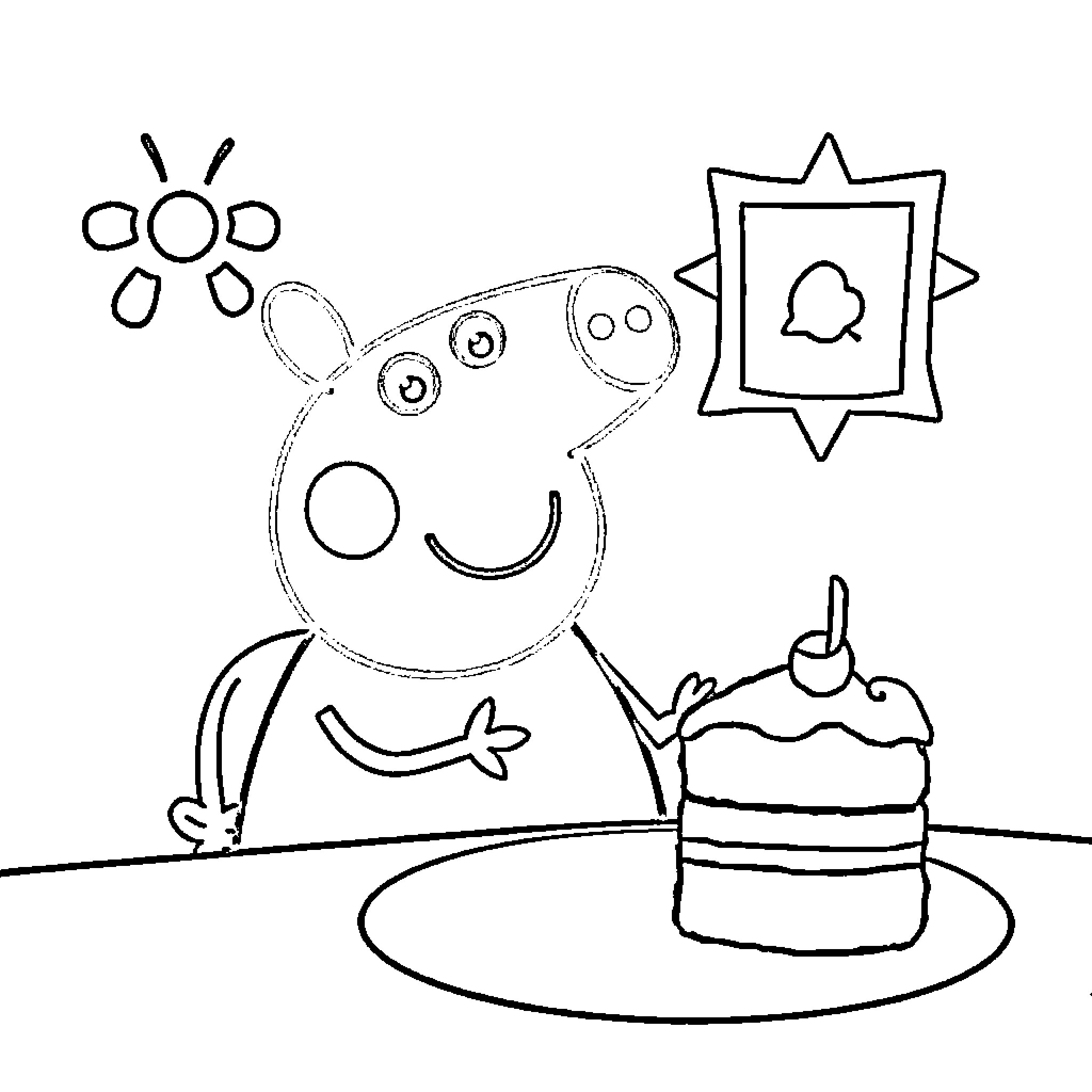 Peppa Pig's Birthday Celebration Coloring Page (free black-and-white line drawing printable PDF for all, from beginners to advanced learners, including children, teens, adults, and seniors)