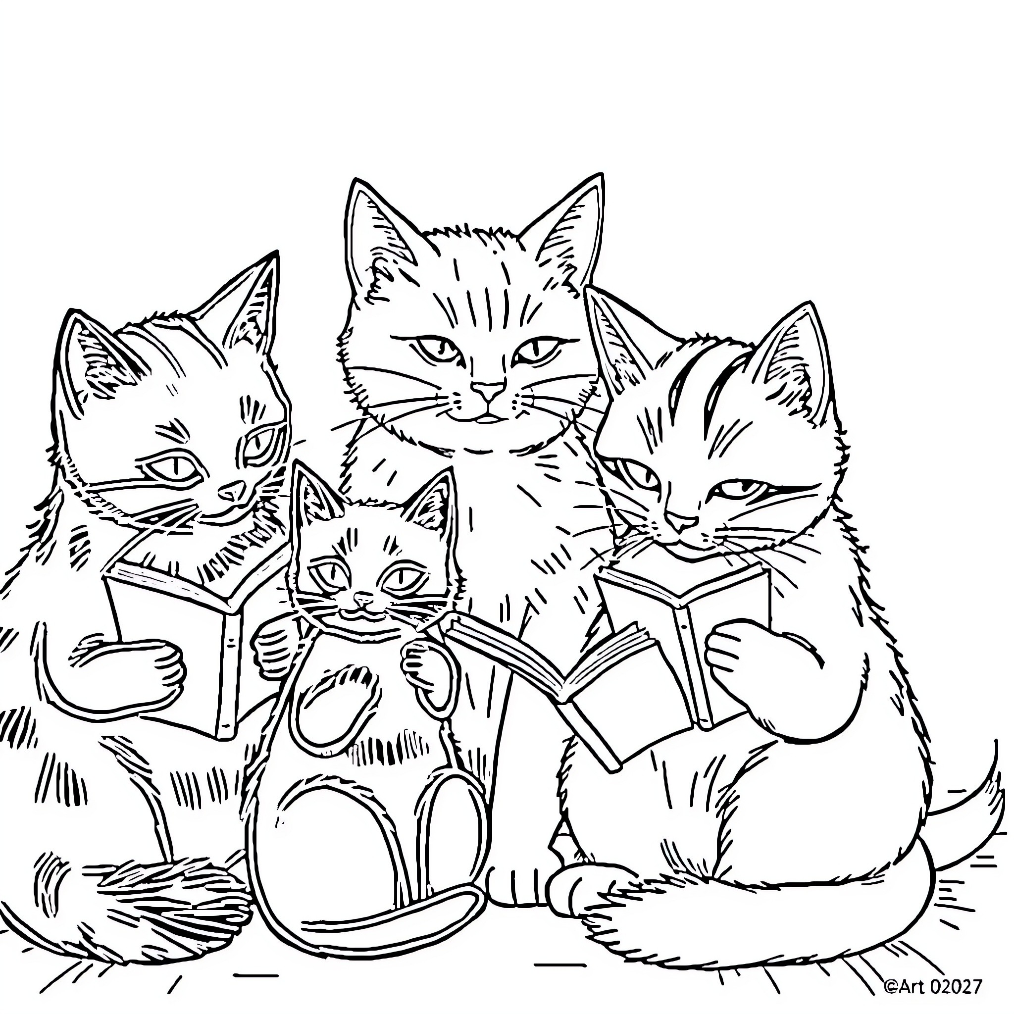 Cat Family Reading Books Together Coloring Page (free black-and-white line drawing printable PDF for all, from beginners to advanced learners, including children, teens, adults, and seniors)