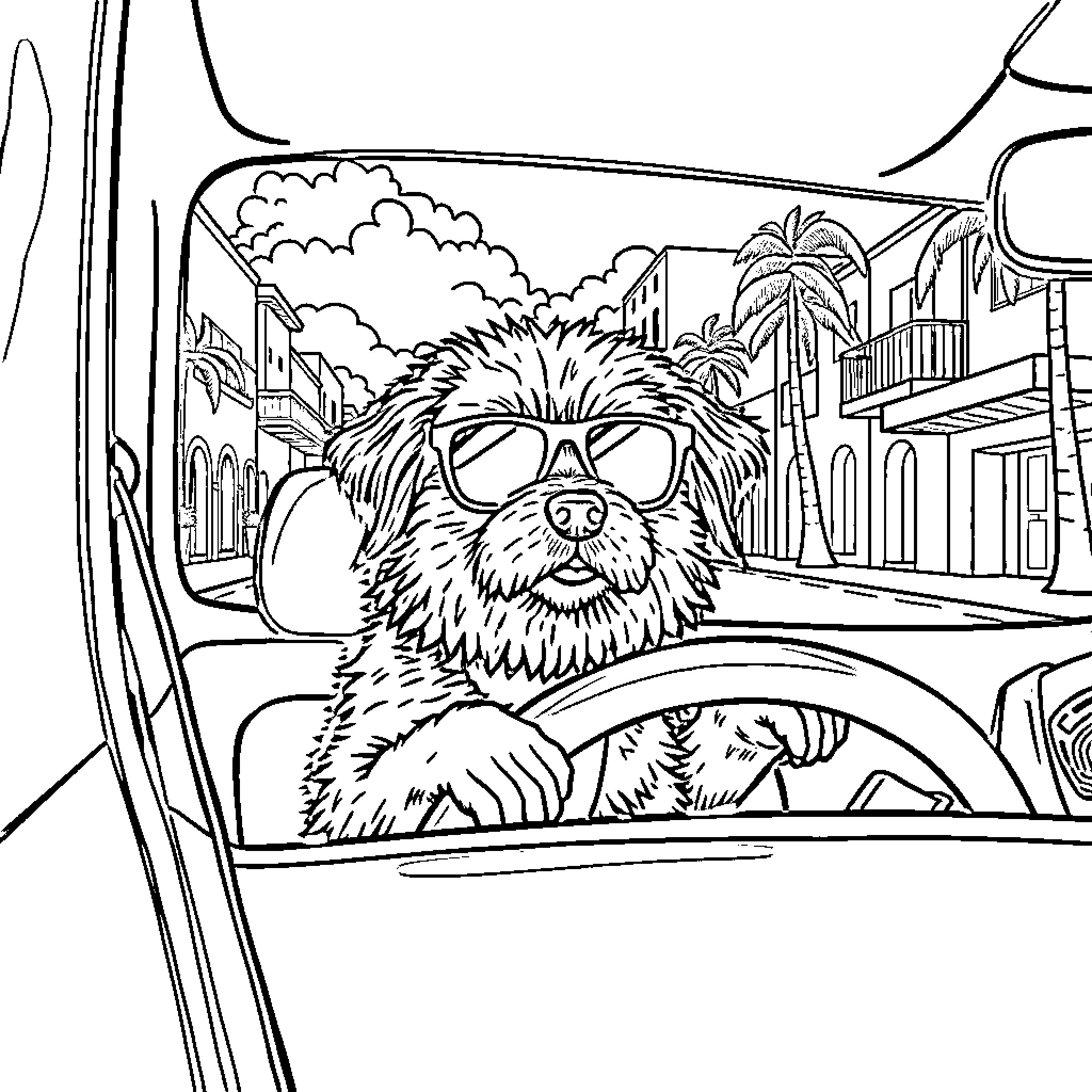 Dog driving a car through a city street Coloring Page (free black-and-white line drawing printable PDF for all, from beginners to advanced learners, including children, teens, adults, and seniors)