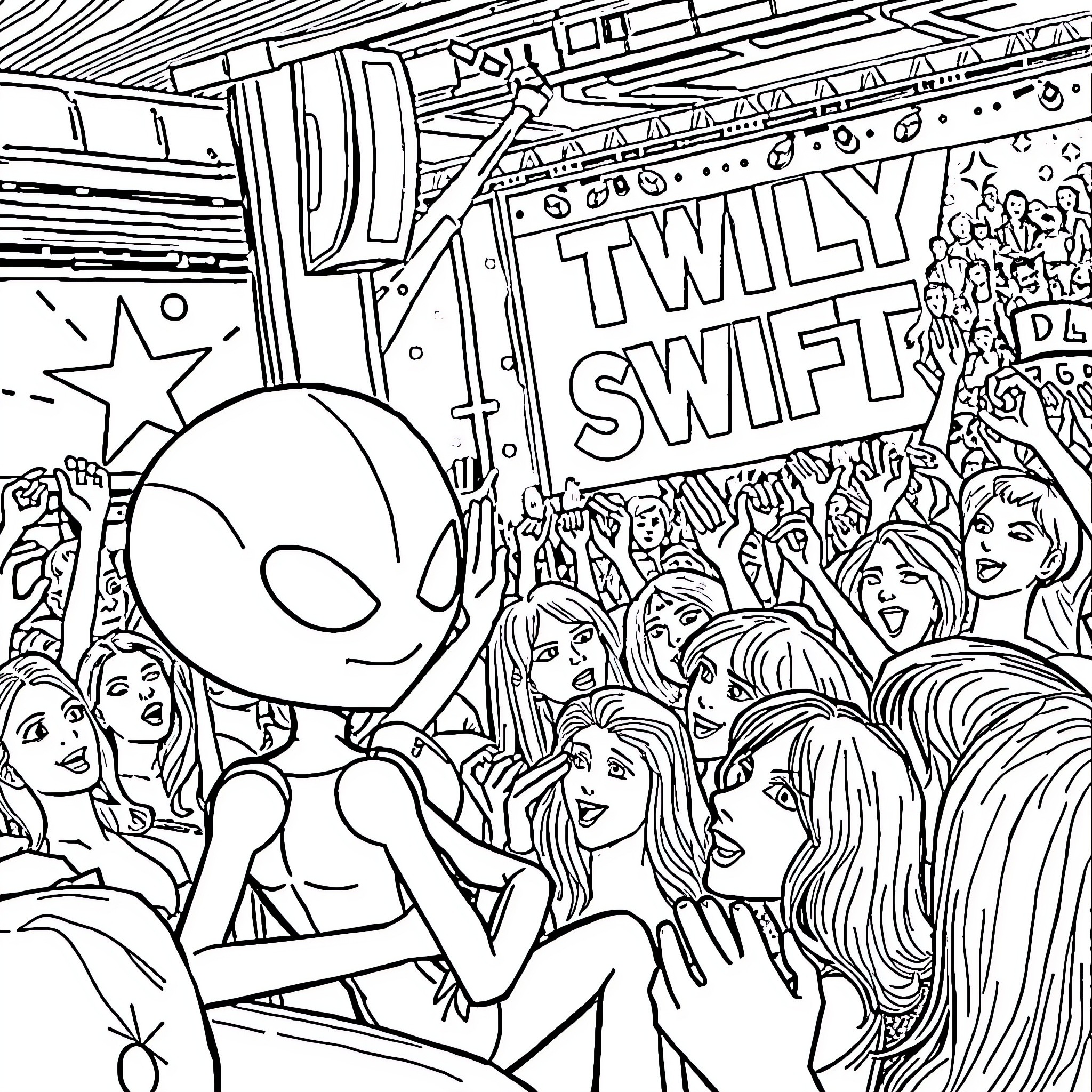 Mega Mind Alien Entertains Adoring Crowd Coloring Page (free black-and-white line drawing printable PDF for all, from beginners to advanced learners, including children, teens, adults, and seniors)