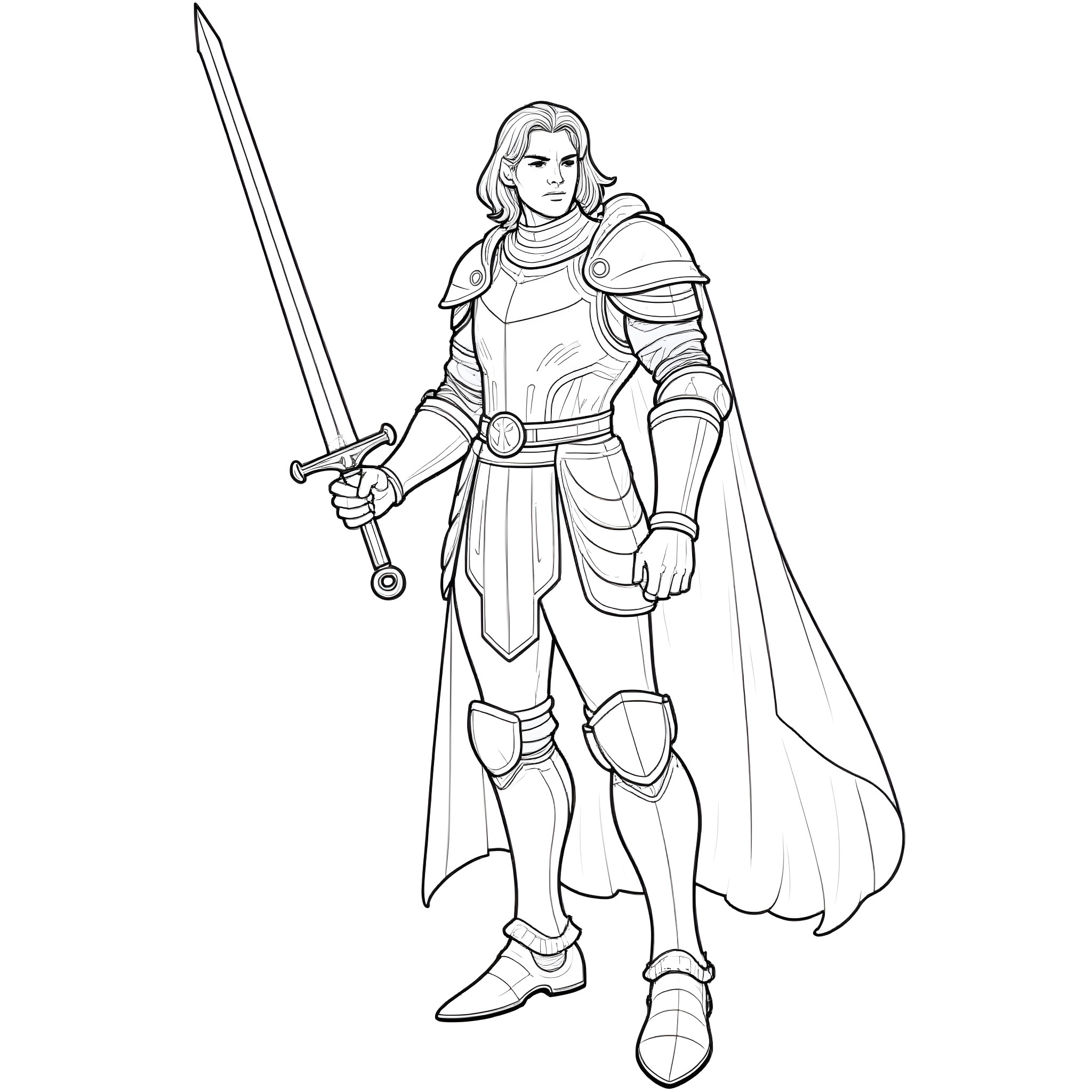 Paladin with Sword and Armor Coloring Page (free black-and-white line drawing printable PDF for all, from beginners to advanced learners, including children, teens, adults, and seniors)