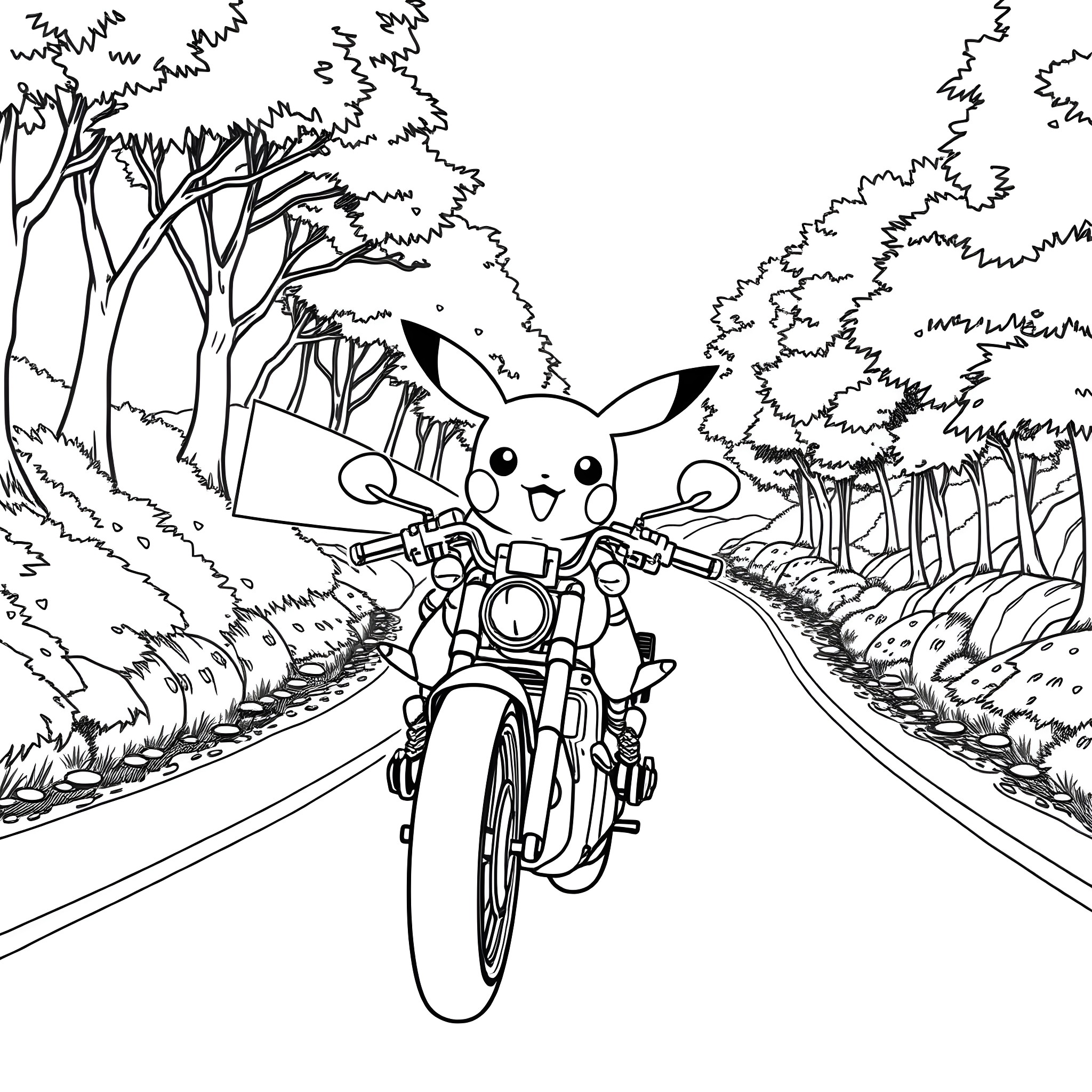 Pikachu riding a motorcycle in a forest Coloring Page (free black-and-white line drawing printable PDF for all, from beginners to advanced learners, including children, teens, adults, and seniors)