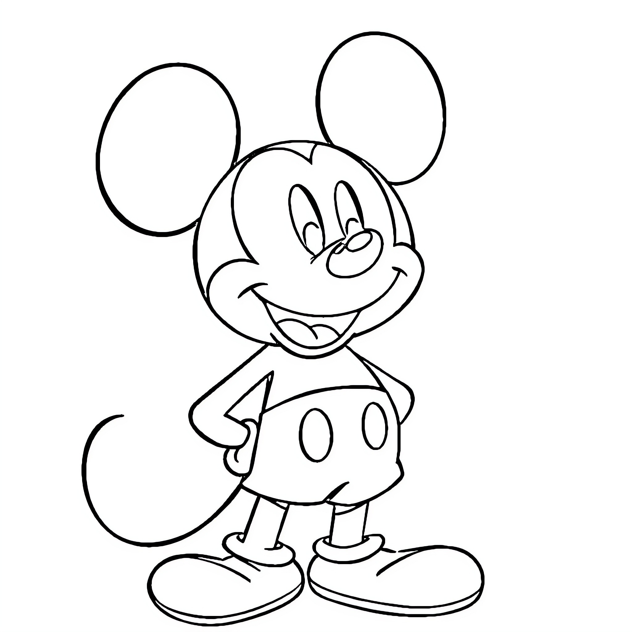 Mickey Mouse's cheerful expression and cartoon style Coloring Page (free black-and-white line drawing printable PDF for all, from beginners to advanced learners, including children, teens, adults, and seniors)