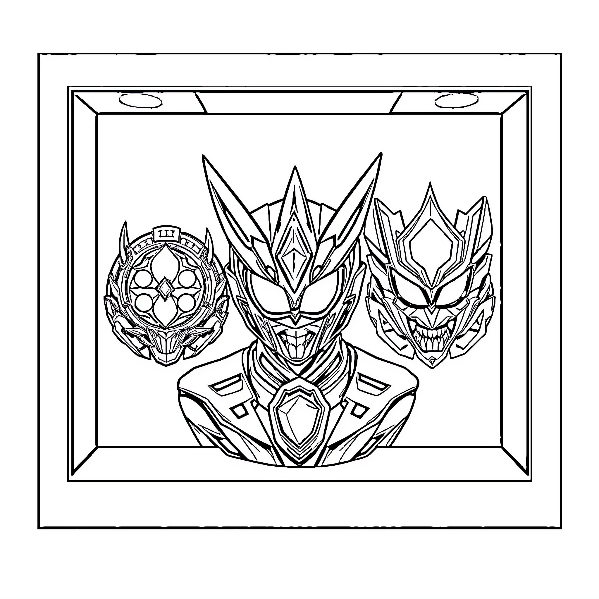 Kamen Rider OOO's Heroic Transformation and Masks Coloring Page (free black-and-white line drawing printable PDF for all, from beginners to advanced learners, including children, teens, adults, and seniors)