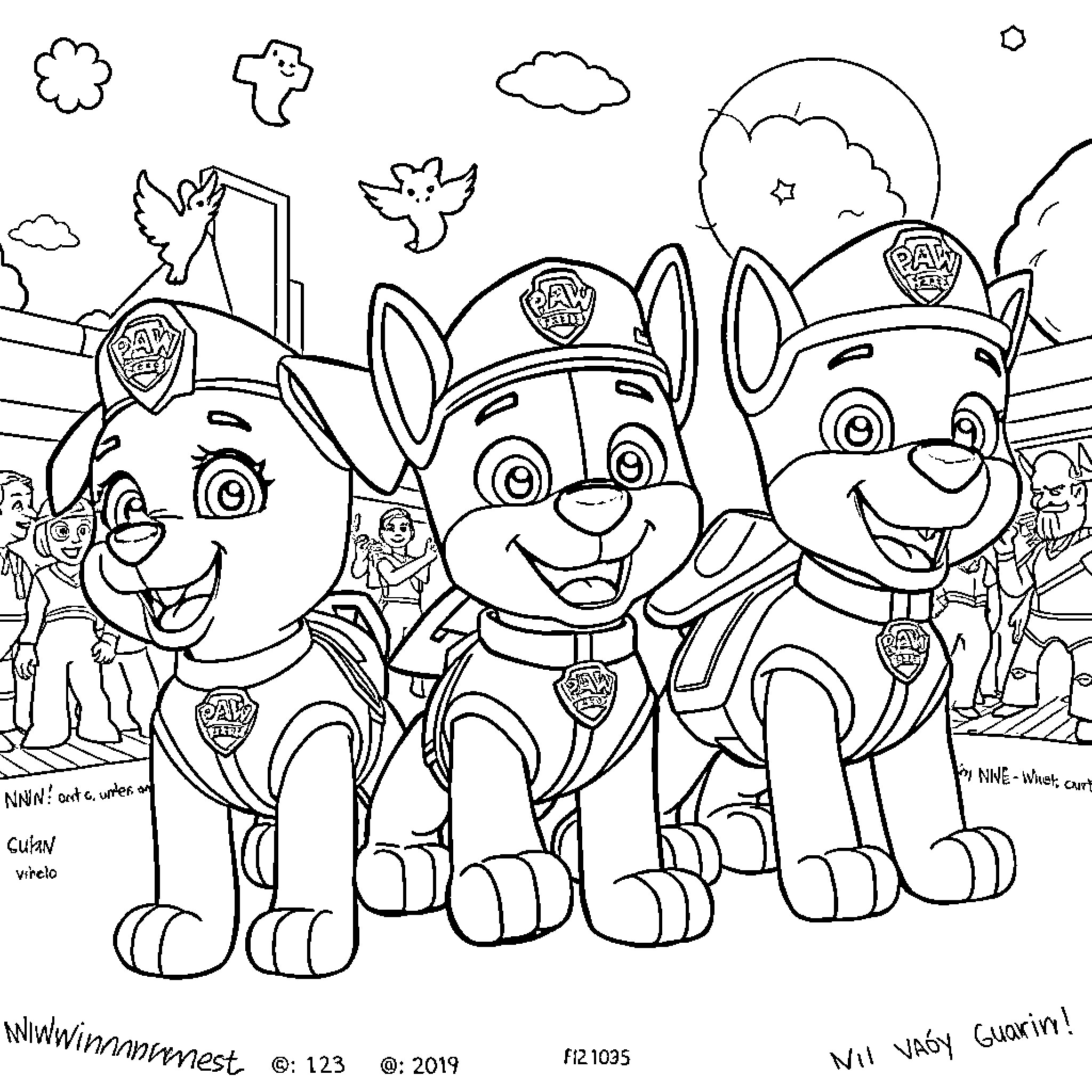 Paw Patrol characters in happy scene Coloring Page (free black-and-white line drawing printable PDF for all, from beginners to advanced learners, including children, teens, adults, and seniors)