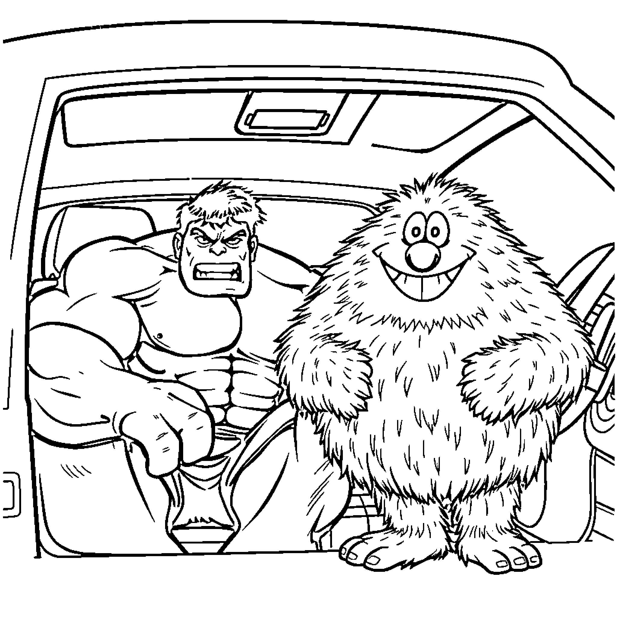 Hulk and Furry Monster in Automotive Interior Coloring Page (free black-and-white line drawing printable PDF for all, from beginners to advanced learners, including children, teens, adults, and seniors)