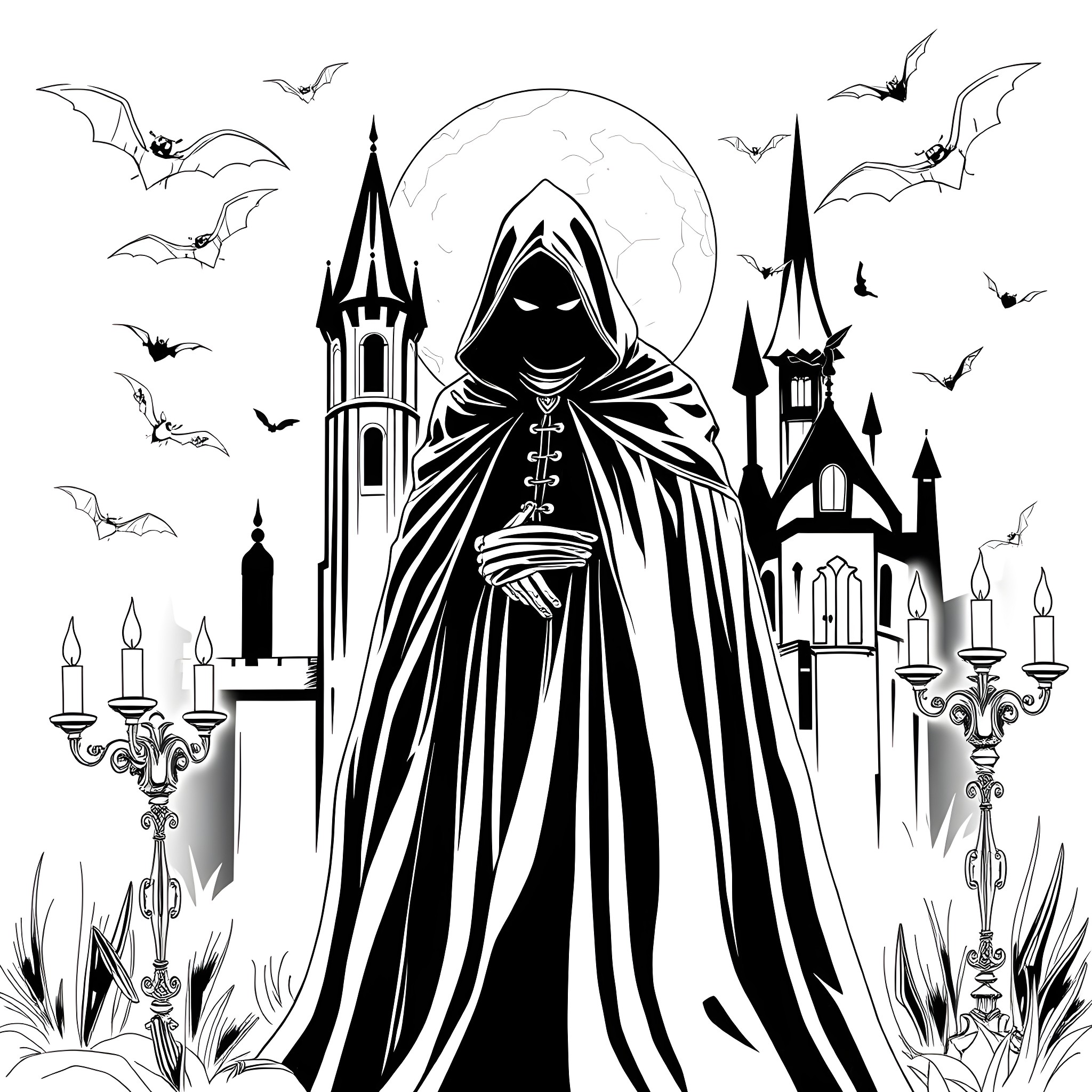 Dracula's Dark Presence in the Haunting Moonlight Coloring Page (free black-and-white line drawing printable PDF for all, from beginners to advanced learners, including children, teens, adults, and seniors)