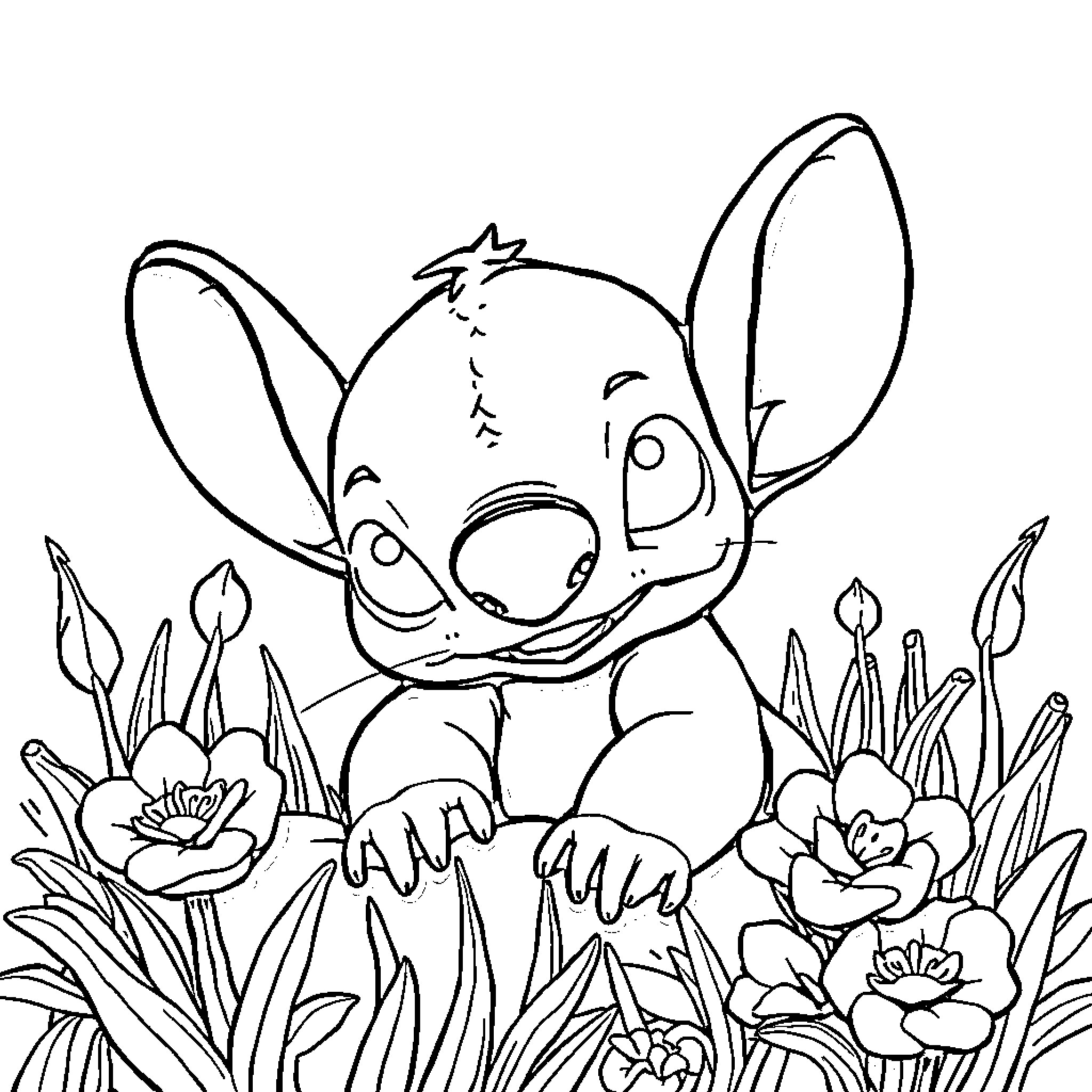 Stitch exploring the floral garden Coloring Page (free black-and-white line drawing printable PDF for all, from beginners to advanced learners, including children, teens, adults, and seniors)