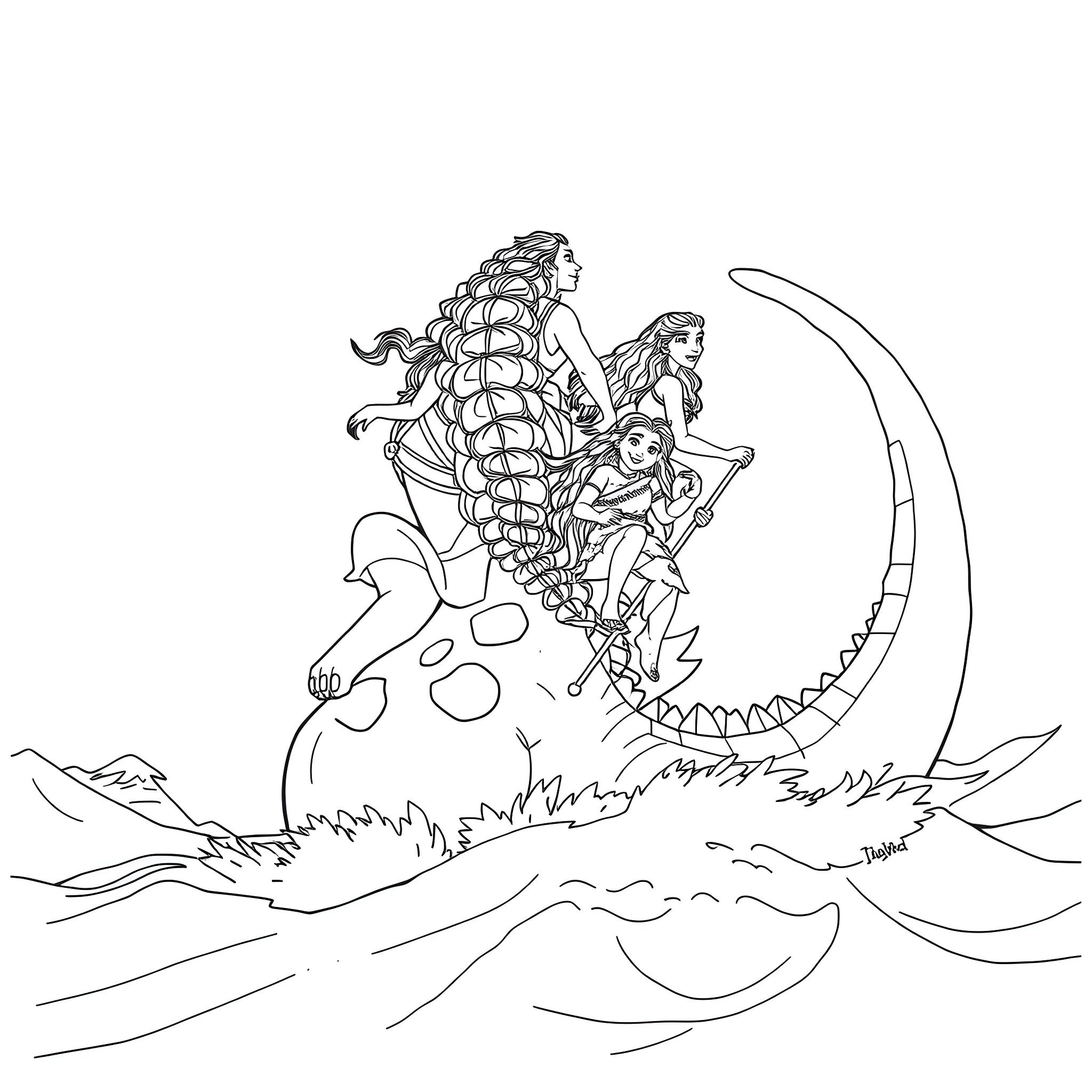 Moana exploring the ocean with her animal companions Coloring Page (free black-and-white line drawing printable PDF for all, from beginners to advanced learners, including children, teens, adults, and seniors)