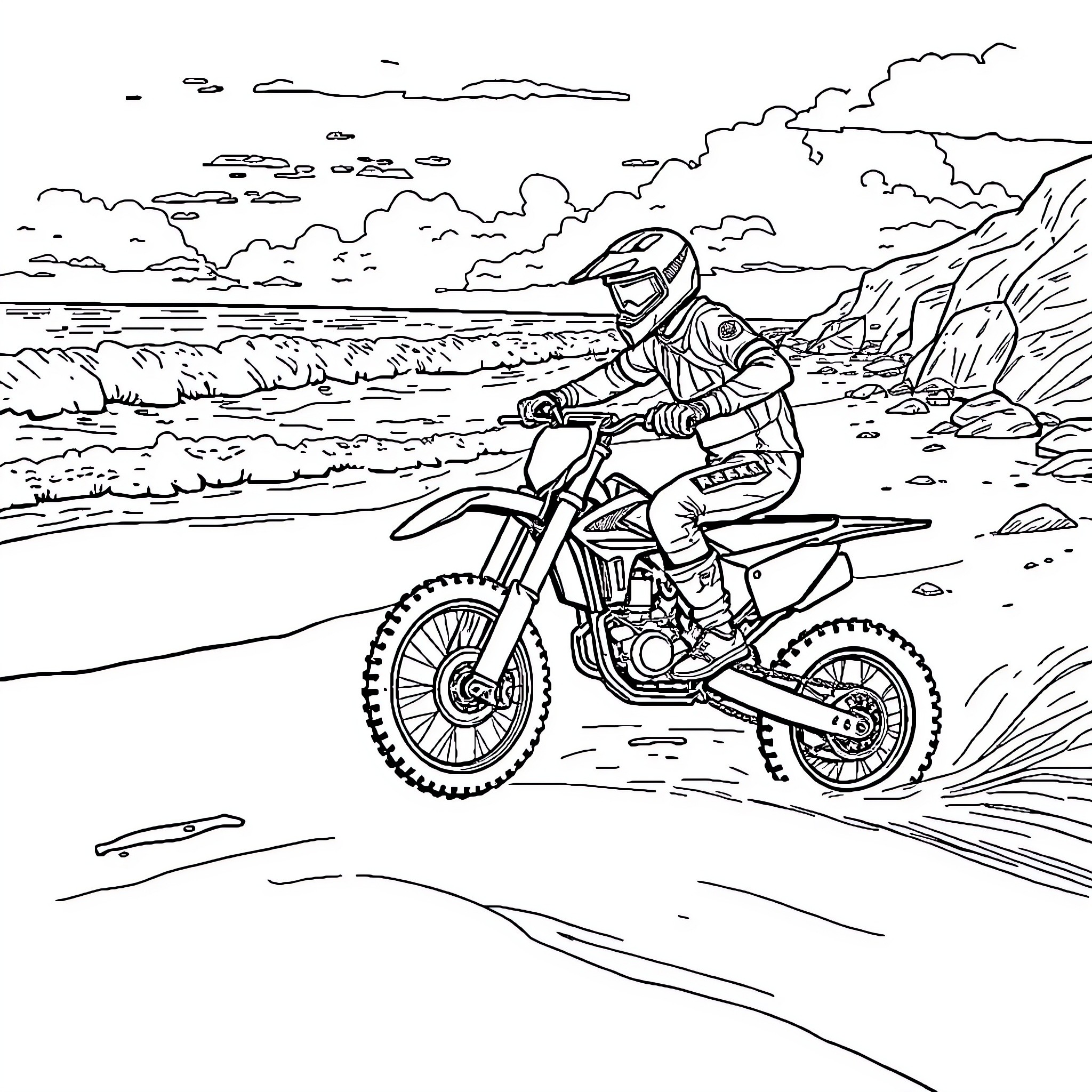 Dirt Bike Rider Navigating Rugged Terrain Coloring Page (free black-and-white line drawing printable PDF for all, from beginners to advanced learners, including children, teens, adults, and seniors)