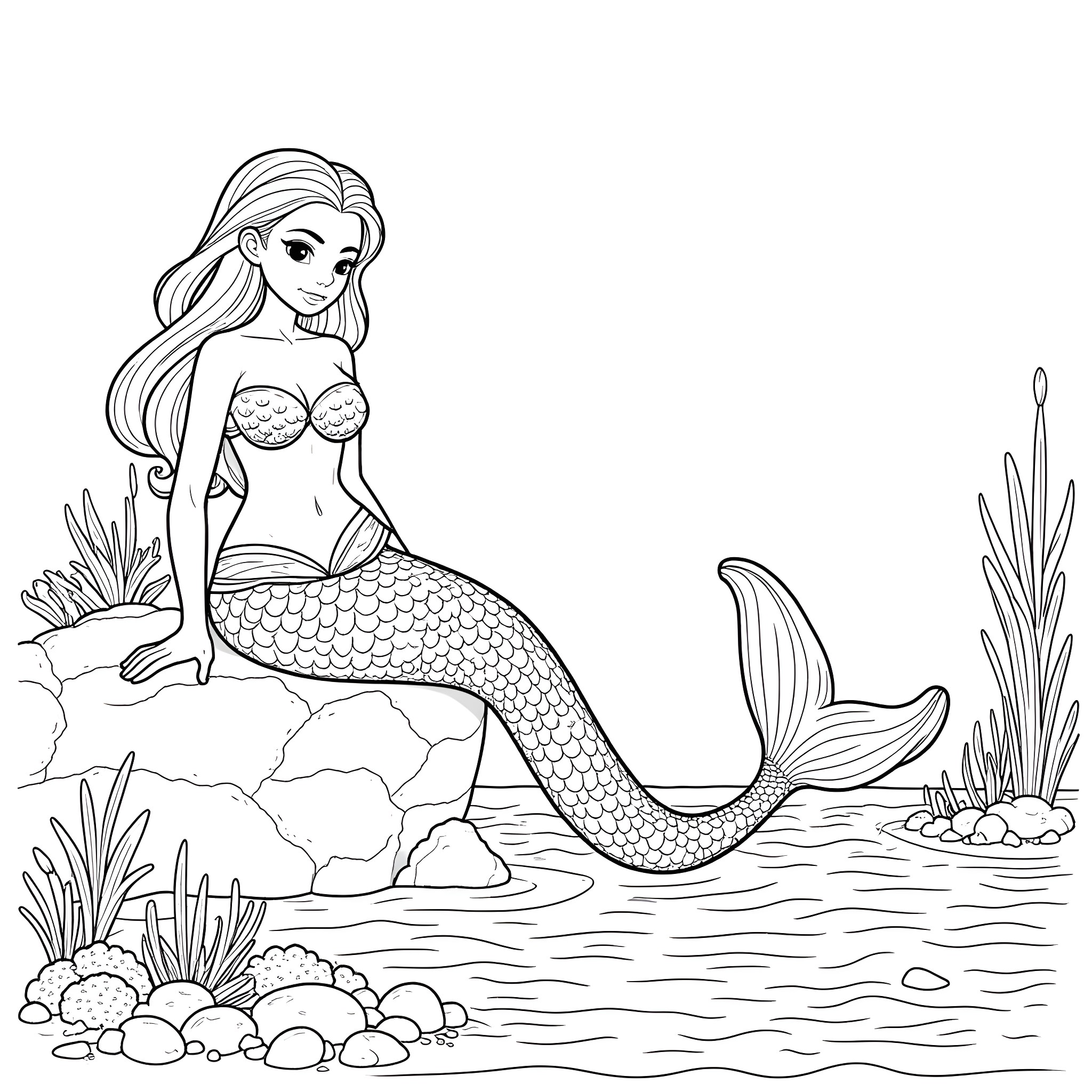 Mermaid resting on rocks in the ocean Coloring Page (free black-and-white line drawing printable PDF for all, from beginners to advanced learners, including children, teens, adults, and seniors)