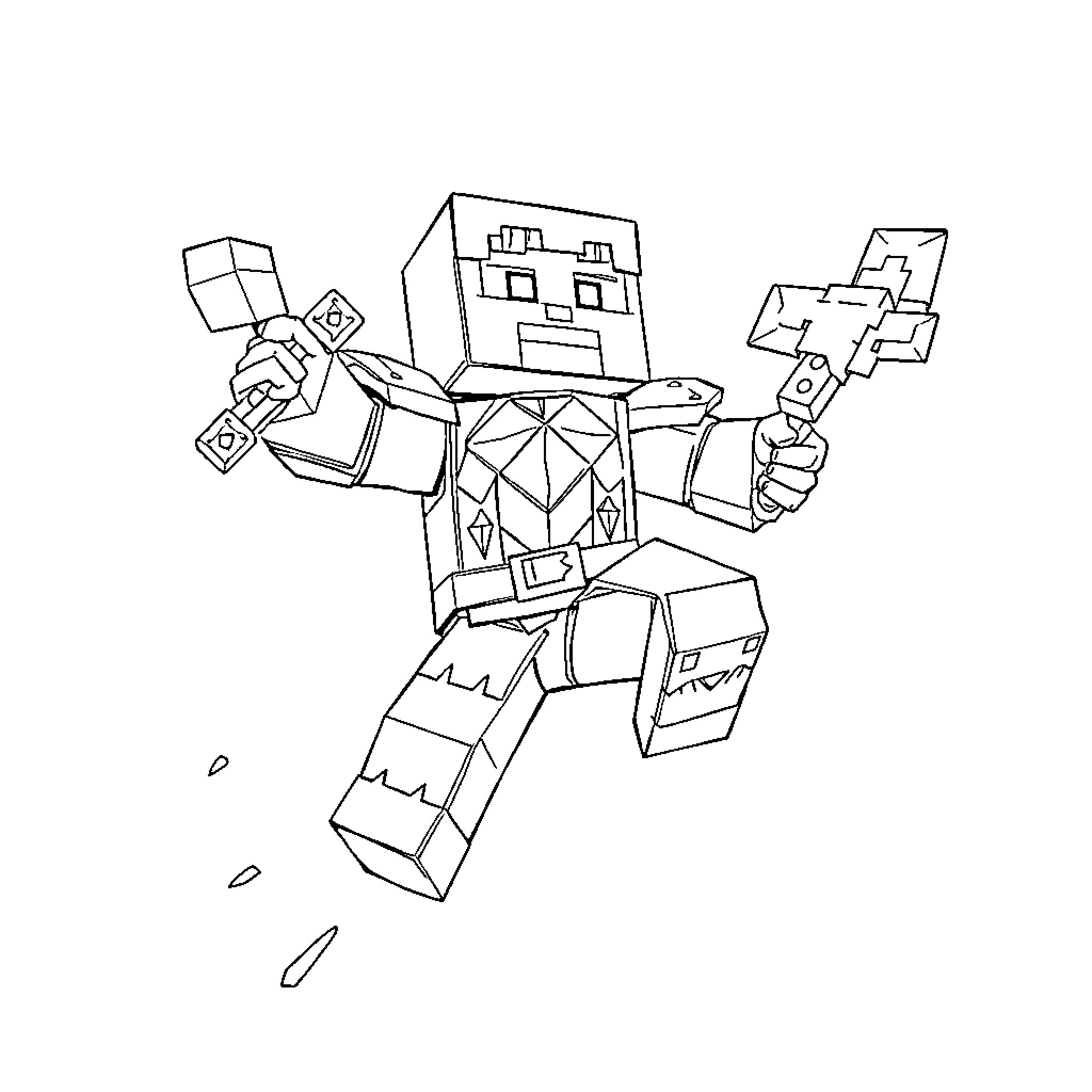 Steve's Minecraft-inspired Adventure with Cubes and Swords Coloring Page (free black-and-white line drawing printable PDF for all, from beginners to advanced learners, including children, teens, adults, and seniors)