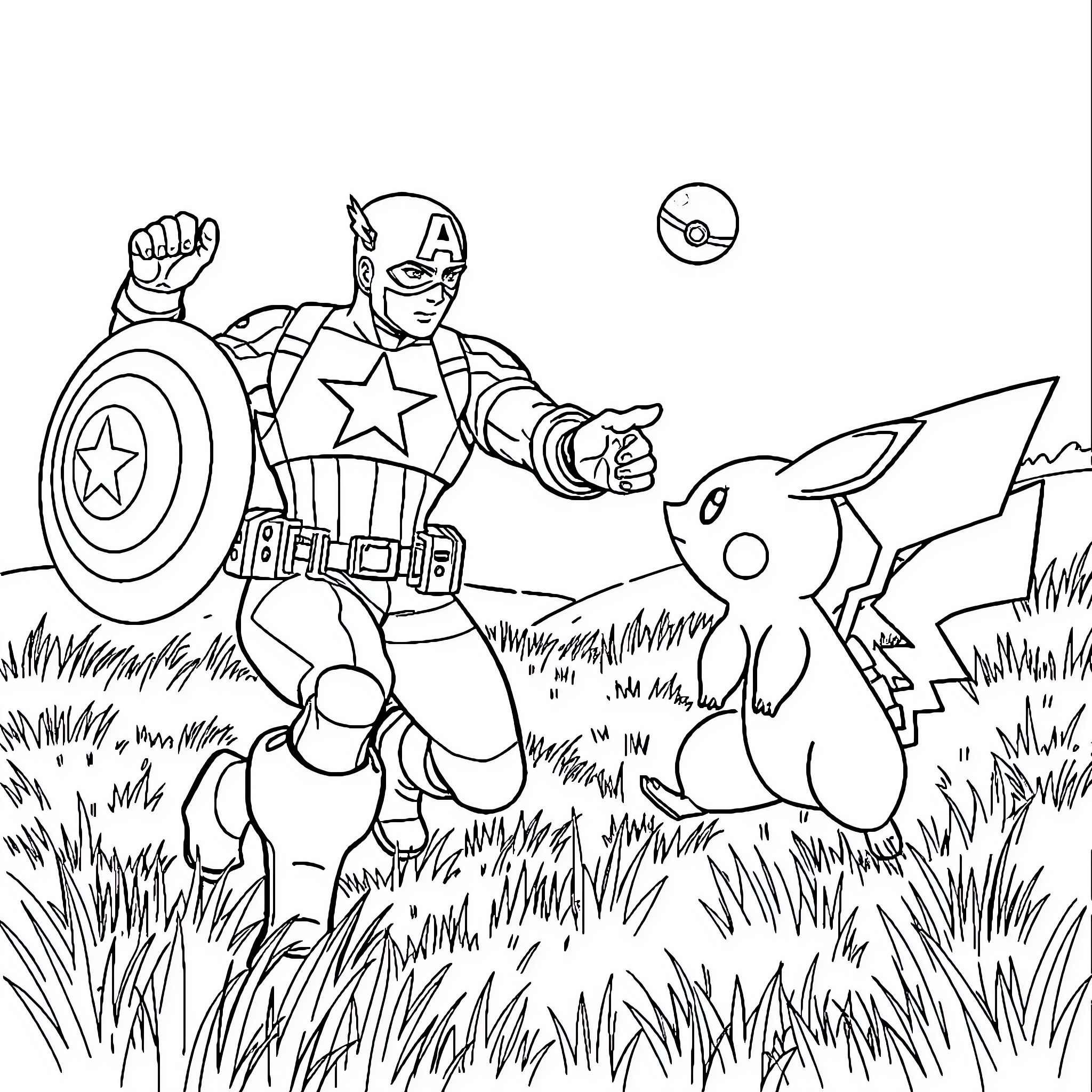 Captain America battles Pokemon in the field Coloring Page (free black-and-white line drawing printable PDF for all, from beginners to advanced learners, including children, teens, adults, and seniors)