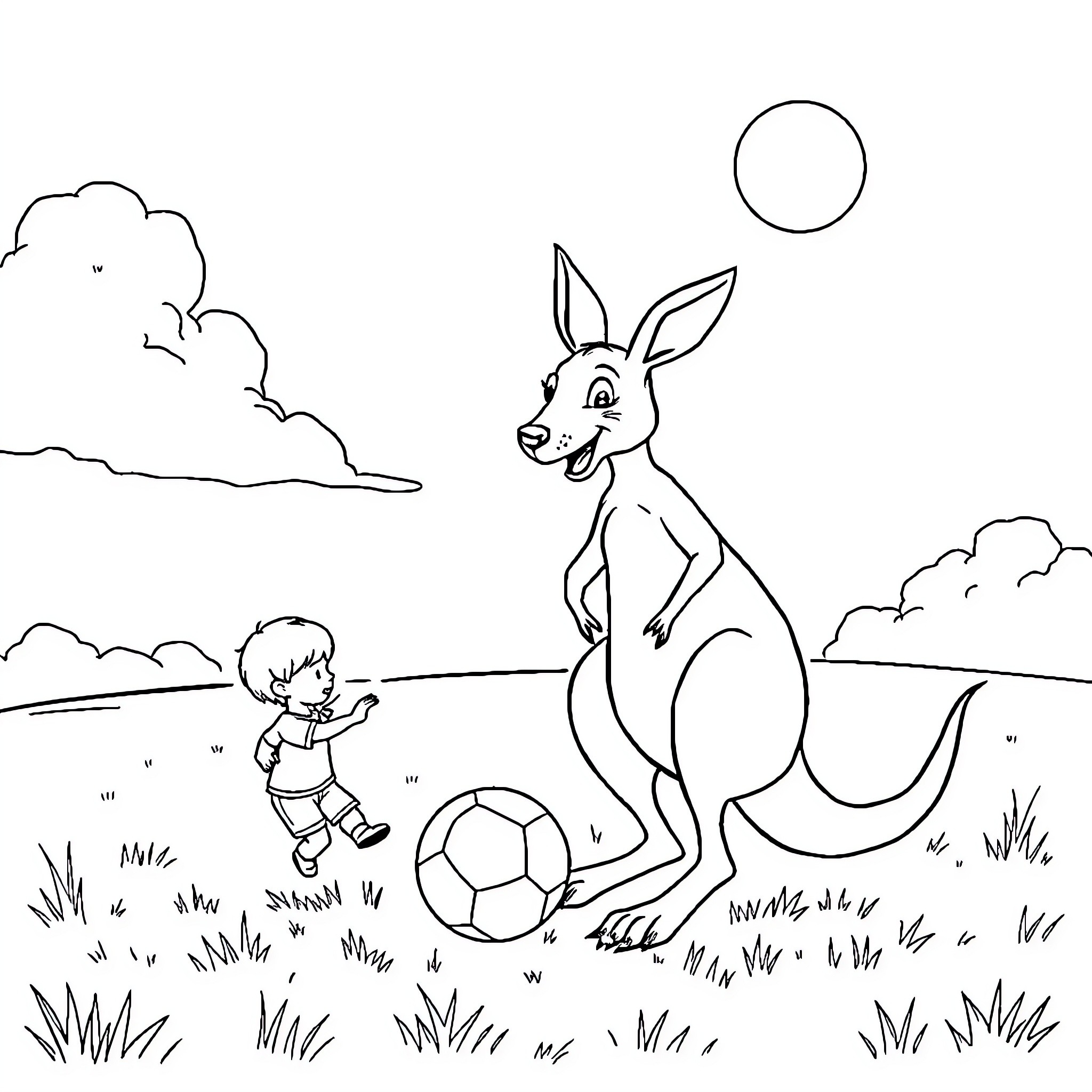 Kangaroo and child playing with soccer ball in the park Coloring Page (free black-and-white line drawing printable PDF for all, from beginners to advanced learners, including children, teens, adults, and seniors)