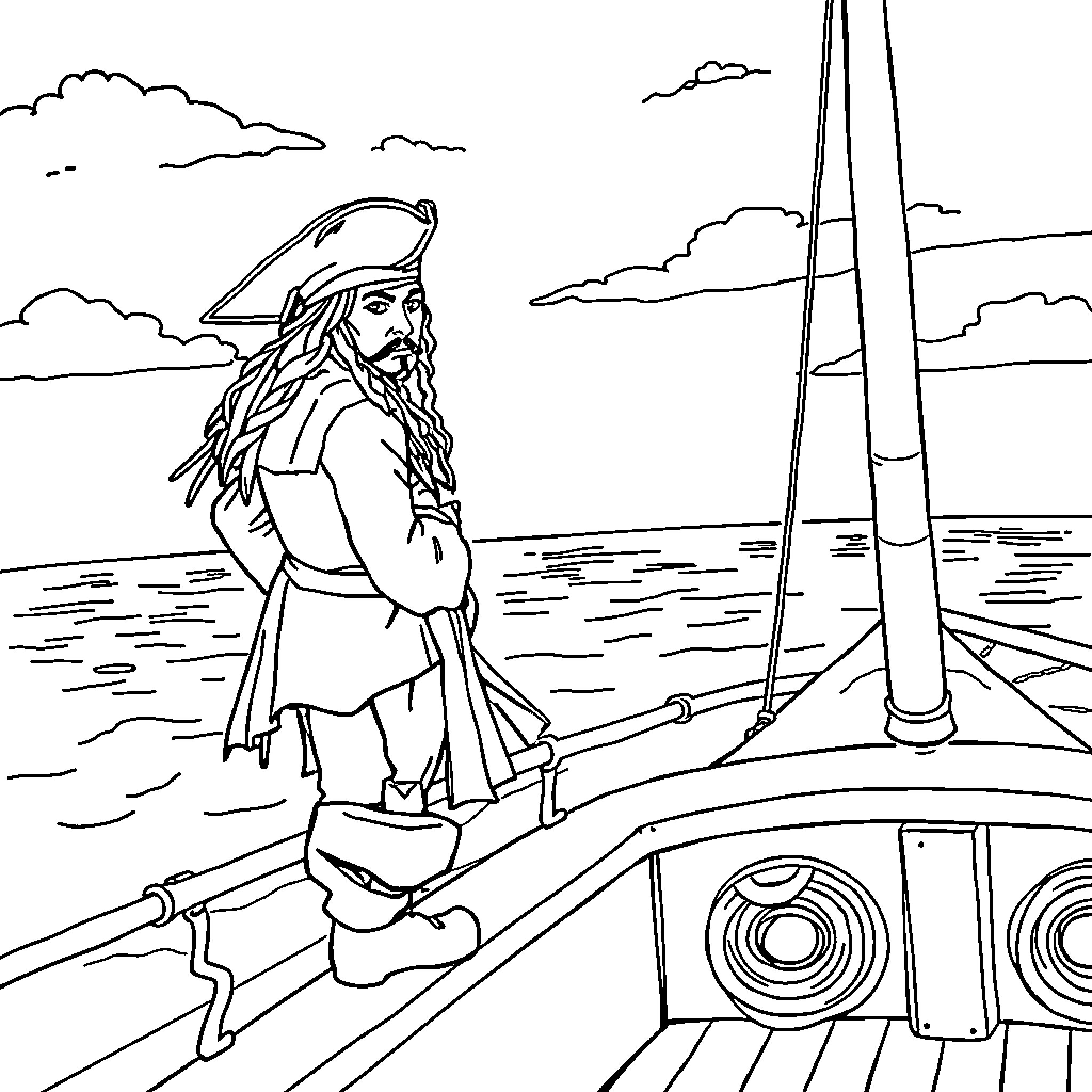 Captain Jack Sparrow sailing the high seas Coloring Page (free black-and-white line drawing printable PDF for all, from beginners to advanced learners, including children, teens, adults, and seniors)