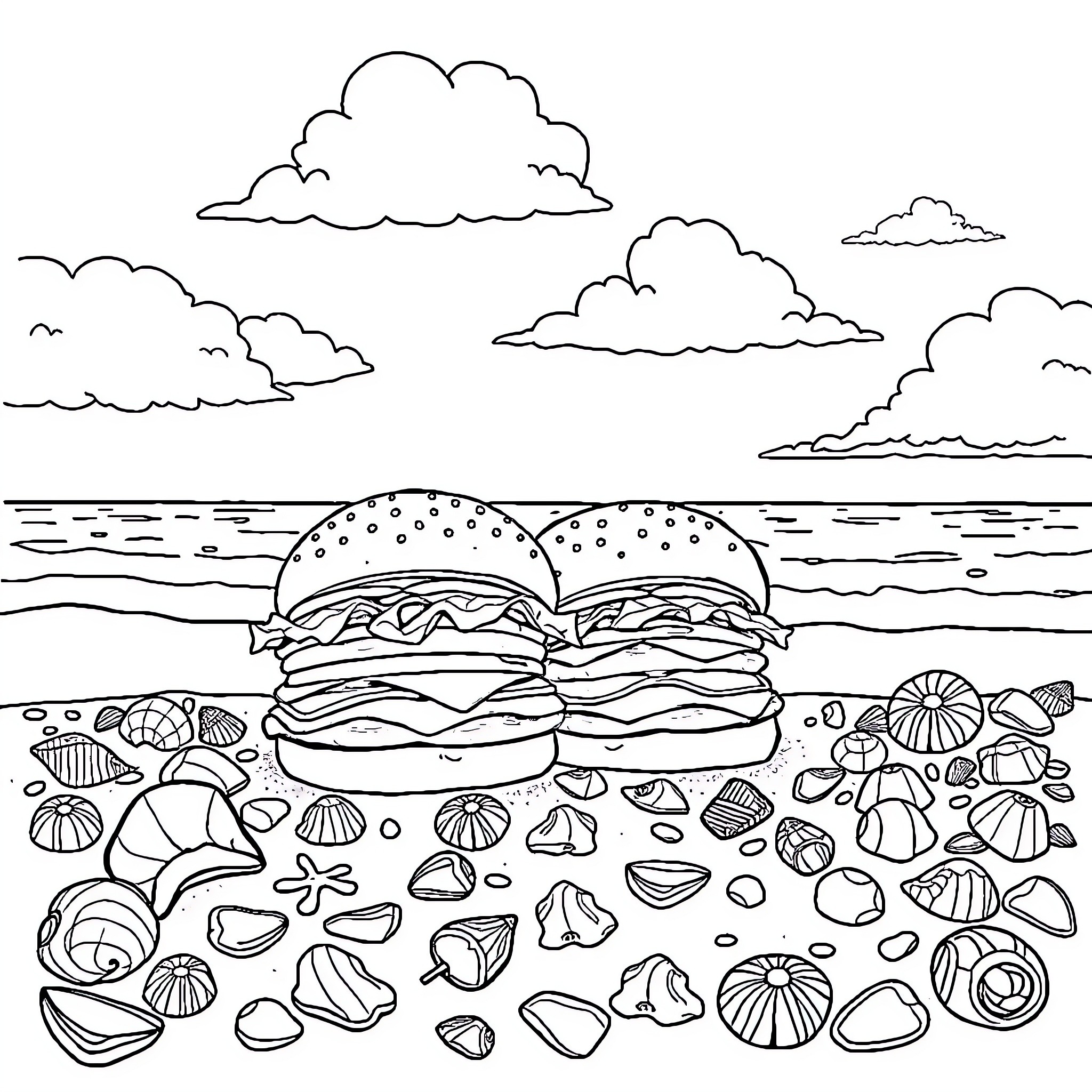 Seashell-themed hamburgers on the beach Coloring Page (free black-and-white line drawing printable PDF for all, from beginners to advanced learners, including children, teens, adults, and seniors)