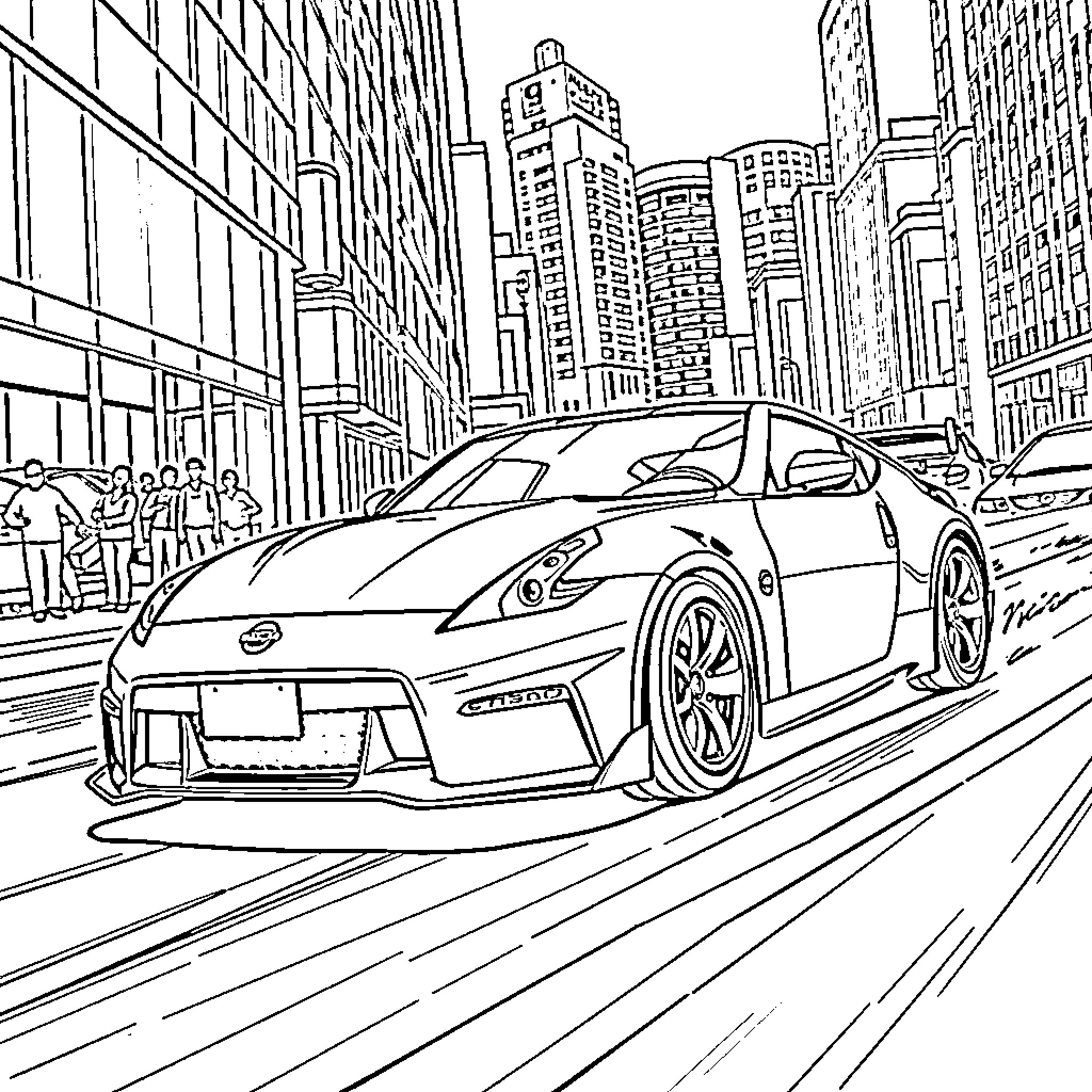 Nissan sports car speeding through city streets Coloring Page (free black-and-white line drawing printable PDF for all, from beginners to advanced learners, including children, teens, adults, and seniors)