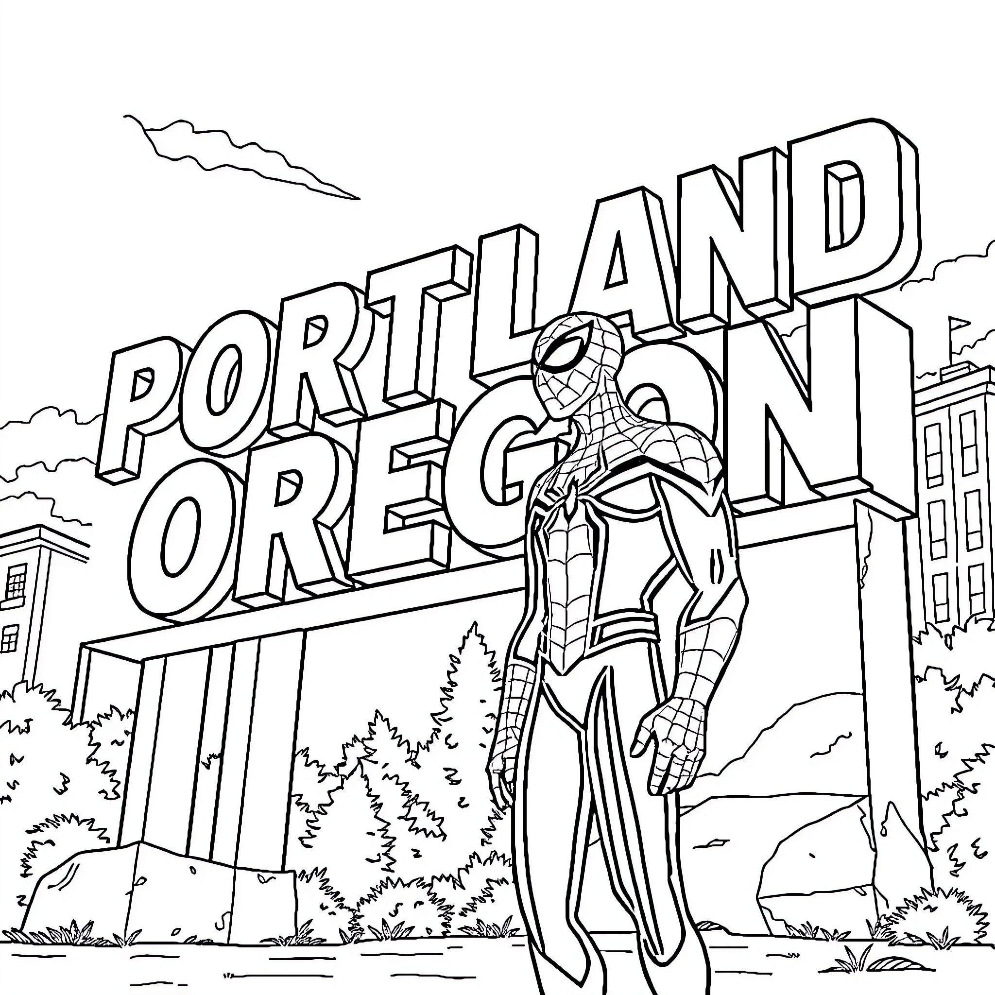 Spiderman stands proudly in front of Portland, Oregon Coloring Page (free black-and-white line drawing printable PDF for all, from beginners to advanced learners, including children, teens, adults, and seniors)