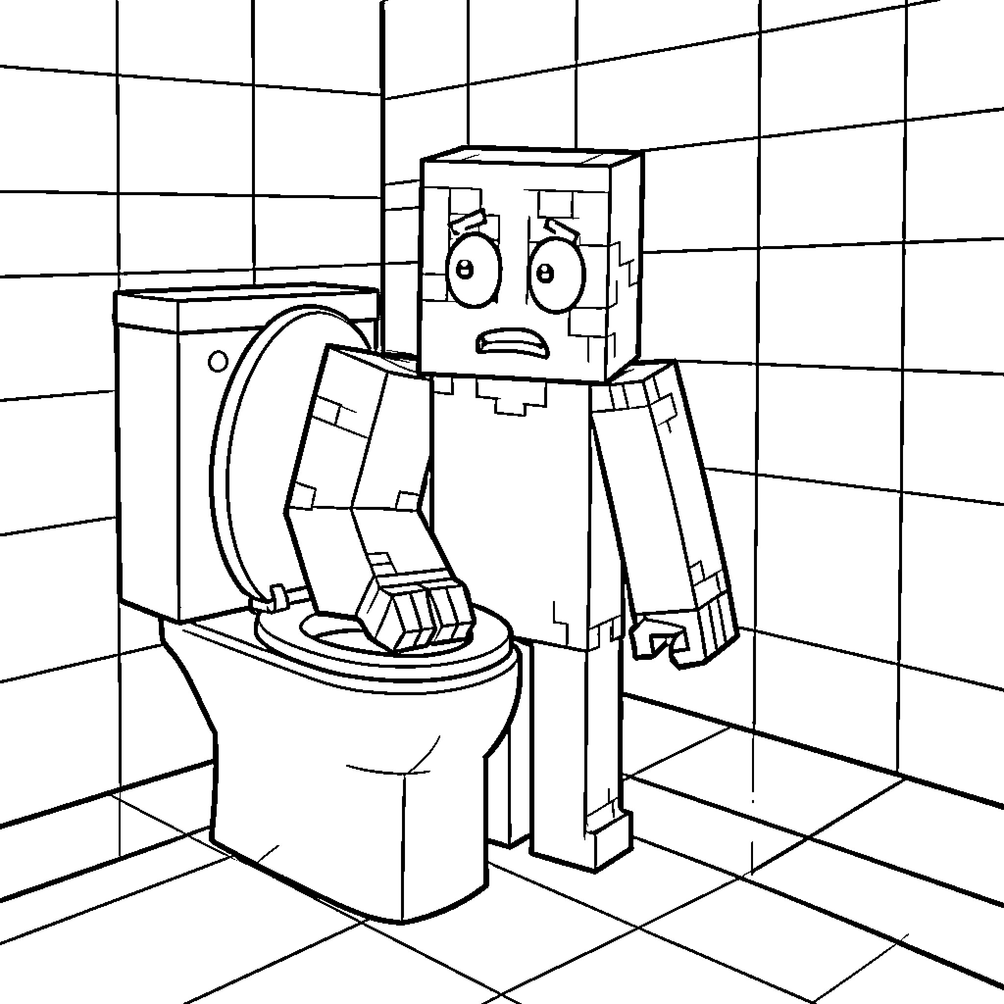 Enderman looking worried next to a toilet Coloring Page (free black-and-white line drawing printable PDF for all, from beginners to advanced learners, including children, teens, adults, and seniors)