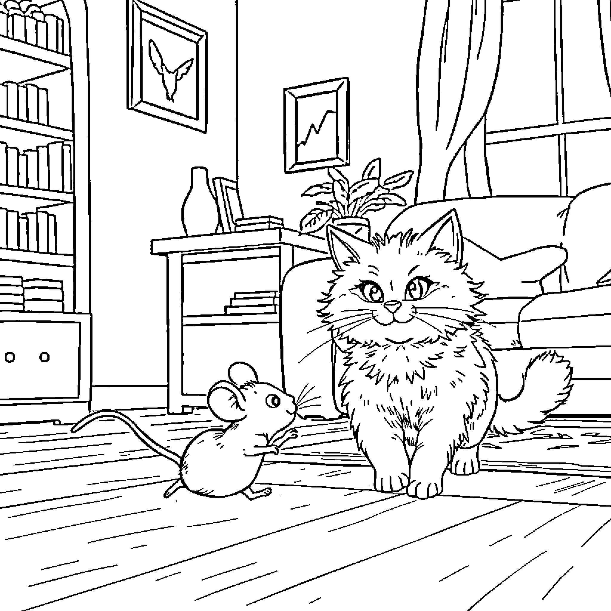 Mouse and Fluffy Cat Encounter in Cozy Home Coloring Page (free black-and-white line drawing printable PDF for all, from beginners to advanced learners, including children, teens, adults, and seniors)
