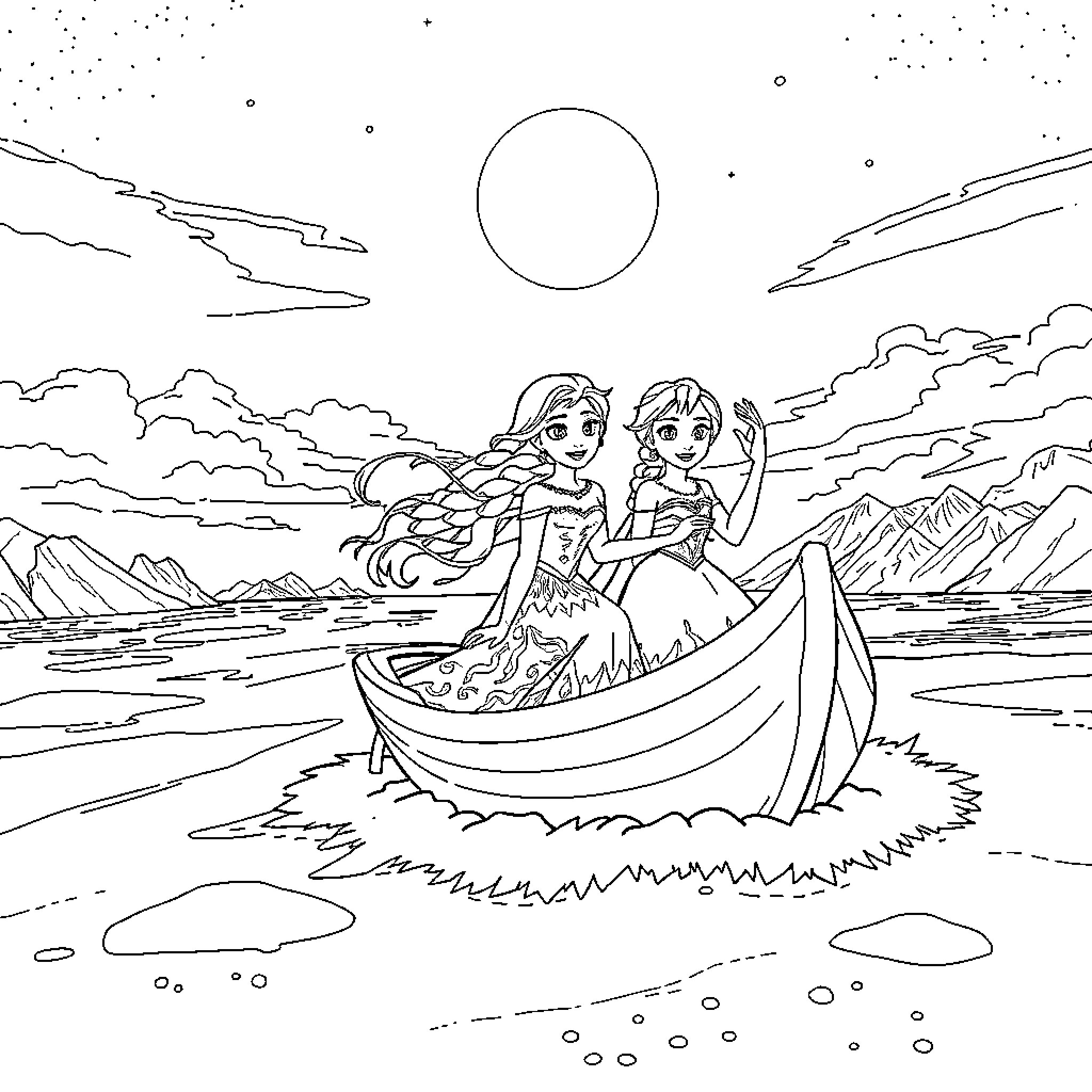 Vaiana sailing on a boat with her friend Coloring Page (free black-and-white line drawing printable PDF for all, from beginners to advanced learners, including children, teens, adults, and seniors)