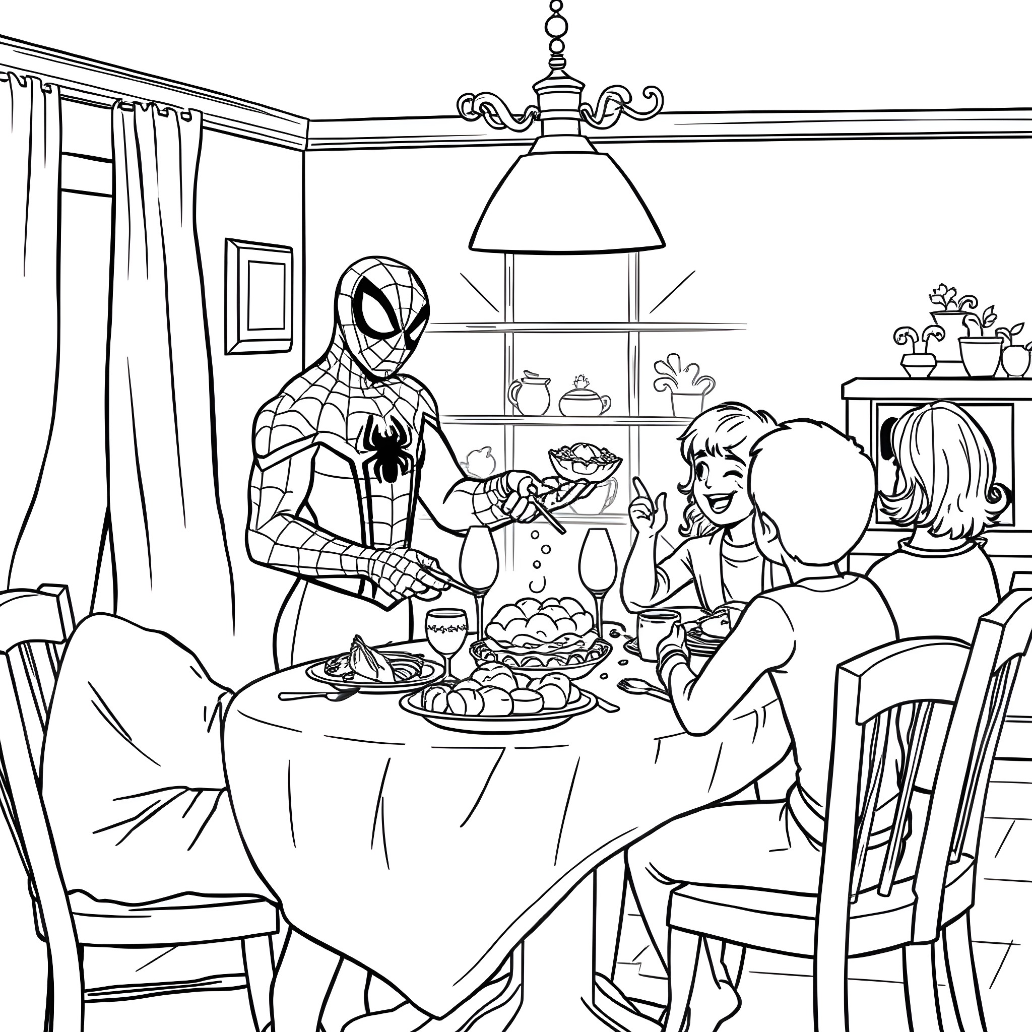 Spider-Man visiting a family for a meal Coloring Page (free black-and-white line drawing printable PDF for all, from beginners to advanced learners, including children, teens, adults, and seniors)
