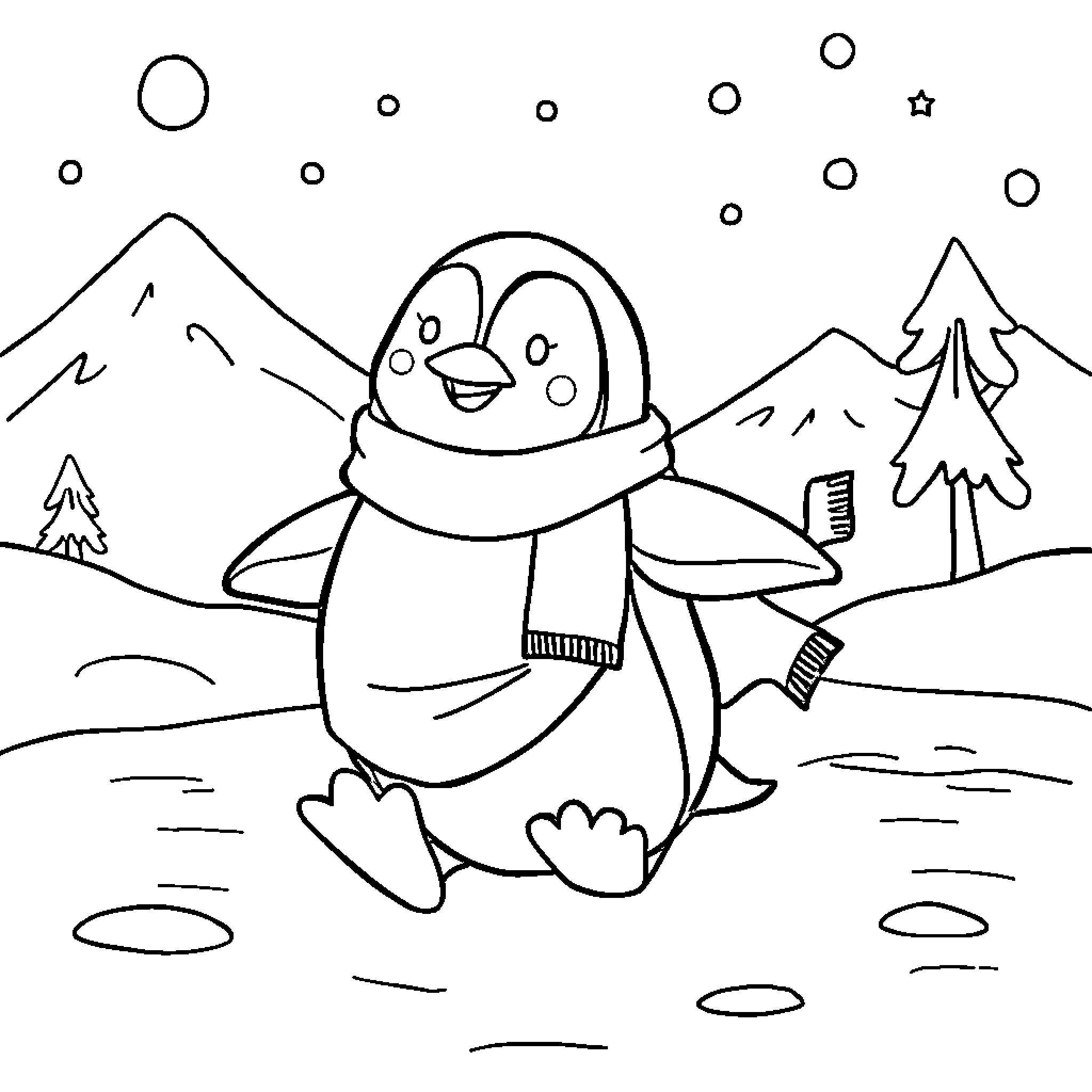 Tchoupi the Cheerful Penguin in Snowy Wonderland Coloring Page (free black-and-white line drawing printable PDF for all, from beginners to advanced learners, including children, teens, adults, and seniors)