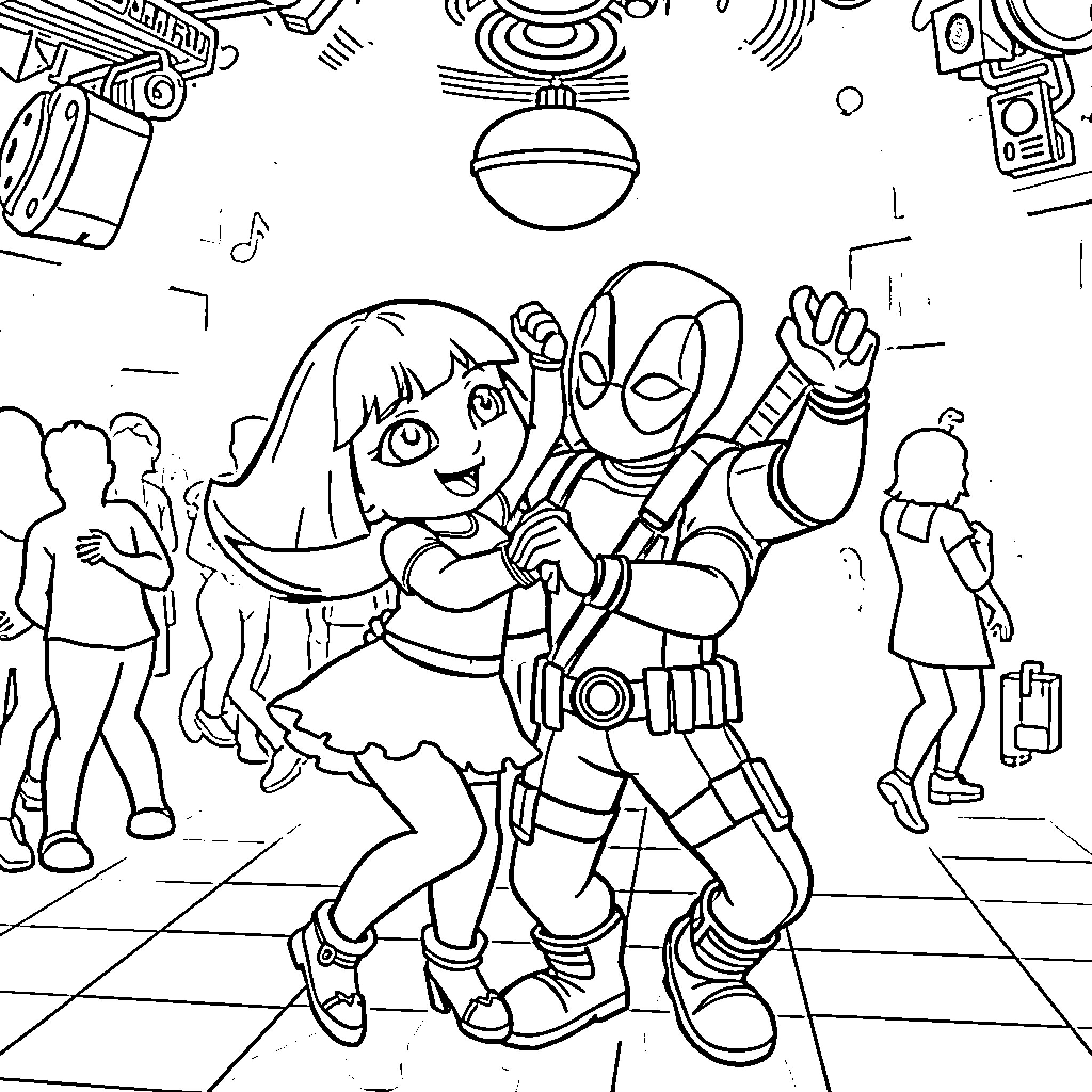 Dora and Superhero Exploring the City Coloring Page (free black-and-white line drawing printable PDF for all, from beginners to advanced learners, including children, teens, adults, and seniors)
