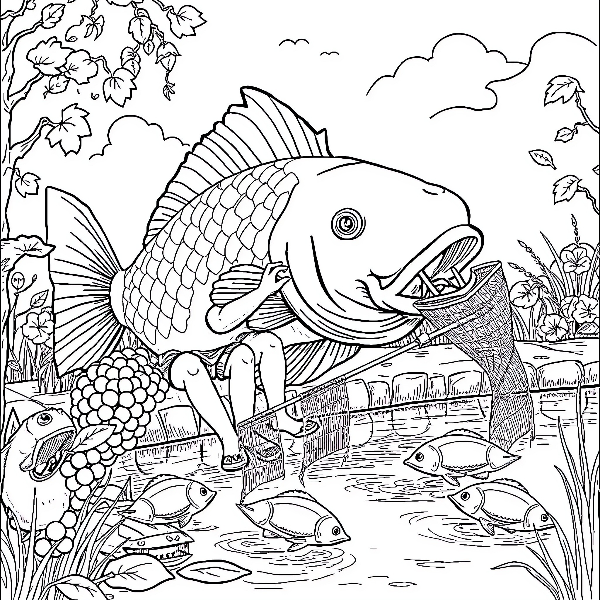 Fish swimming in an underwater scene Coloring Page (free black-and-white line drawing printable PDF for all, from beginners to advanced learners, including children, teens, adults, and seniors)