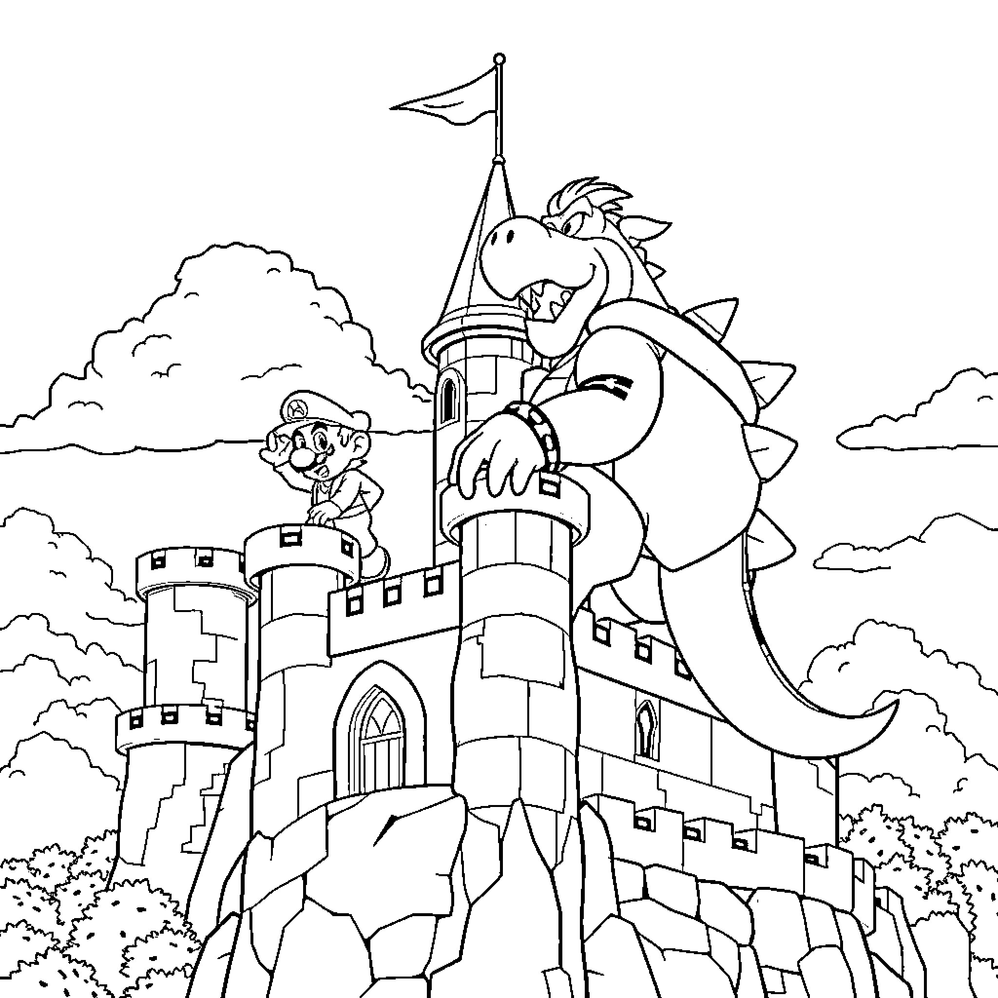 Mario and the Dragon Defending the Castle Coloring Page (free black-and-white line drawing printable PDF for all, from beginners to advanced learners, including children, teens, adults, and seniors)