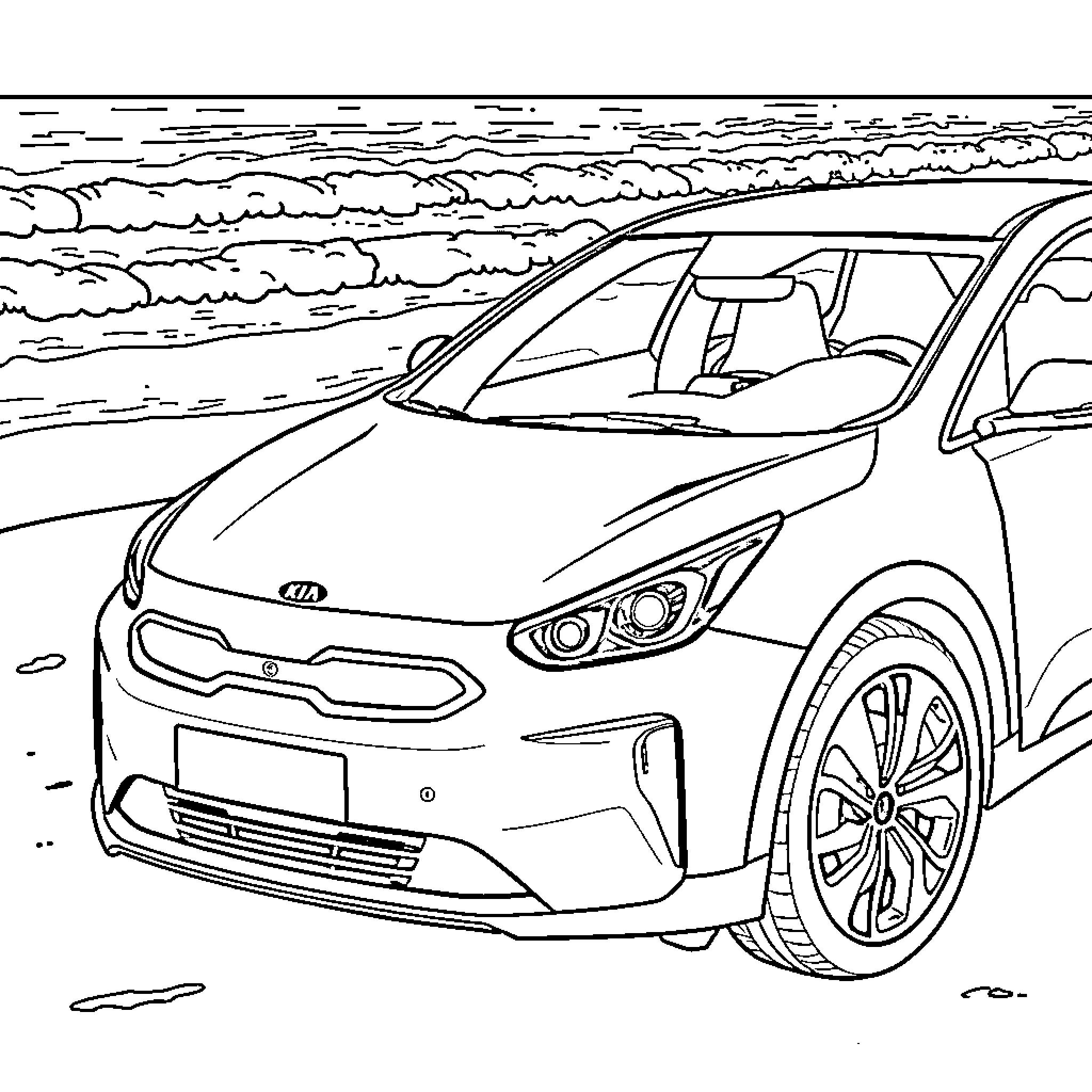 Kia EV9 on the open road Coloring Page (free black-and-white line drawing printable PDF for all, from beginners to advanced learners, including children, teens, adults, and seniors)