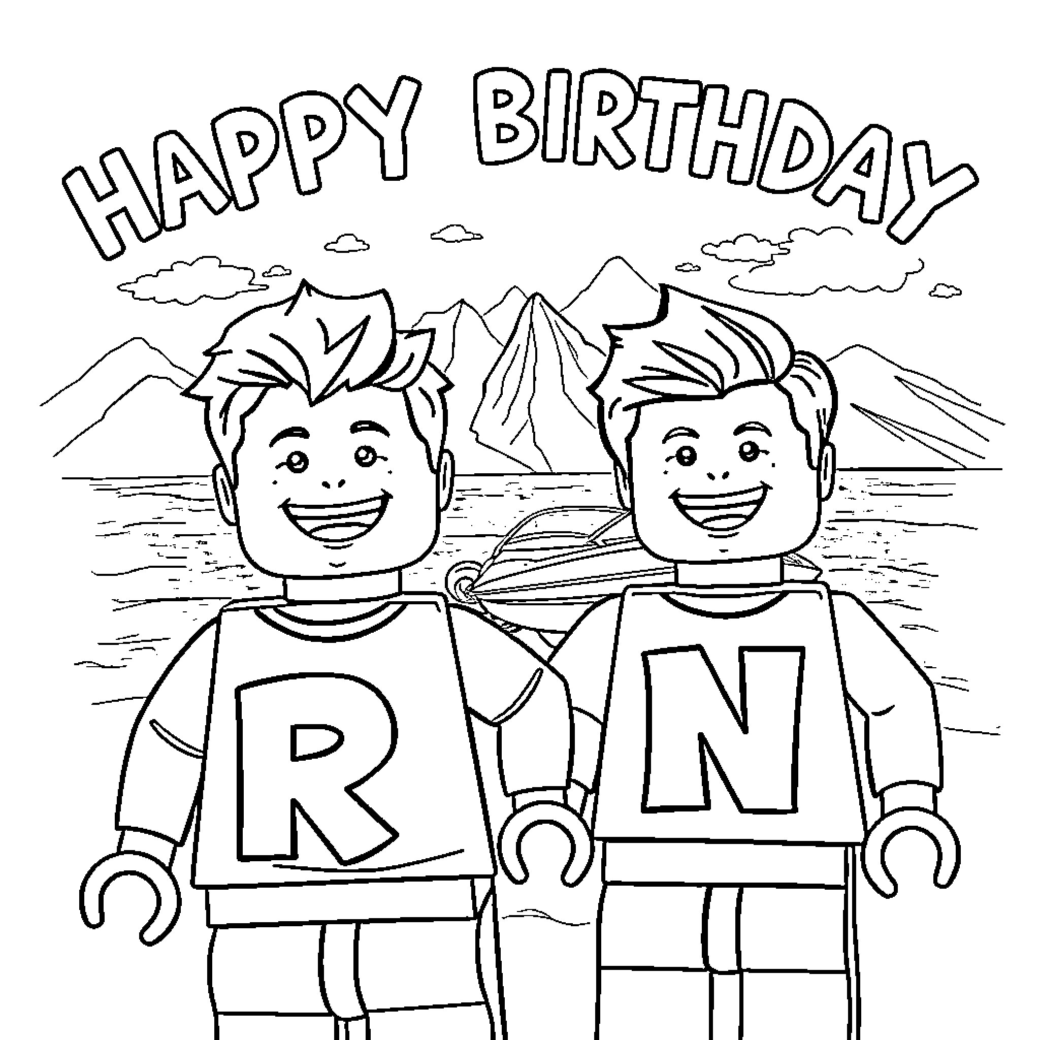 Boy Lego Figures Celebrate Happy Birthday Coloring Page (free black-and-white line drawing printable PDF for all, from beginners to advanced learners, including children, teens, adults, and seniors)
