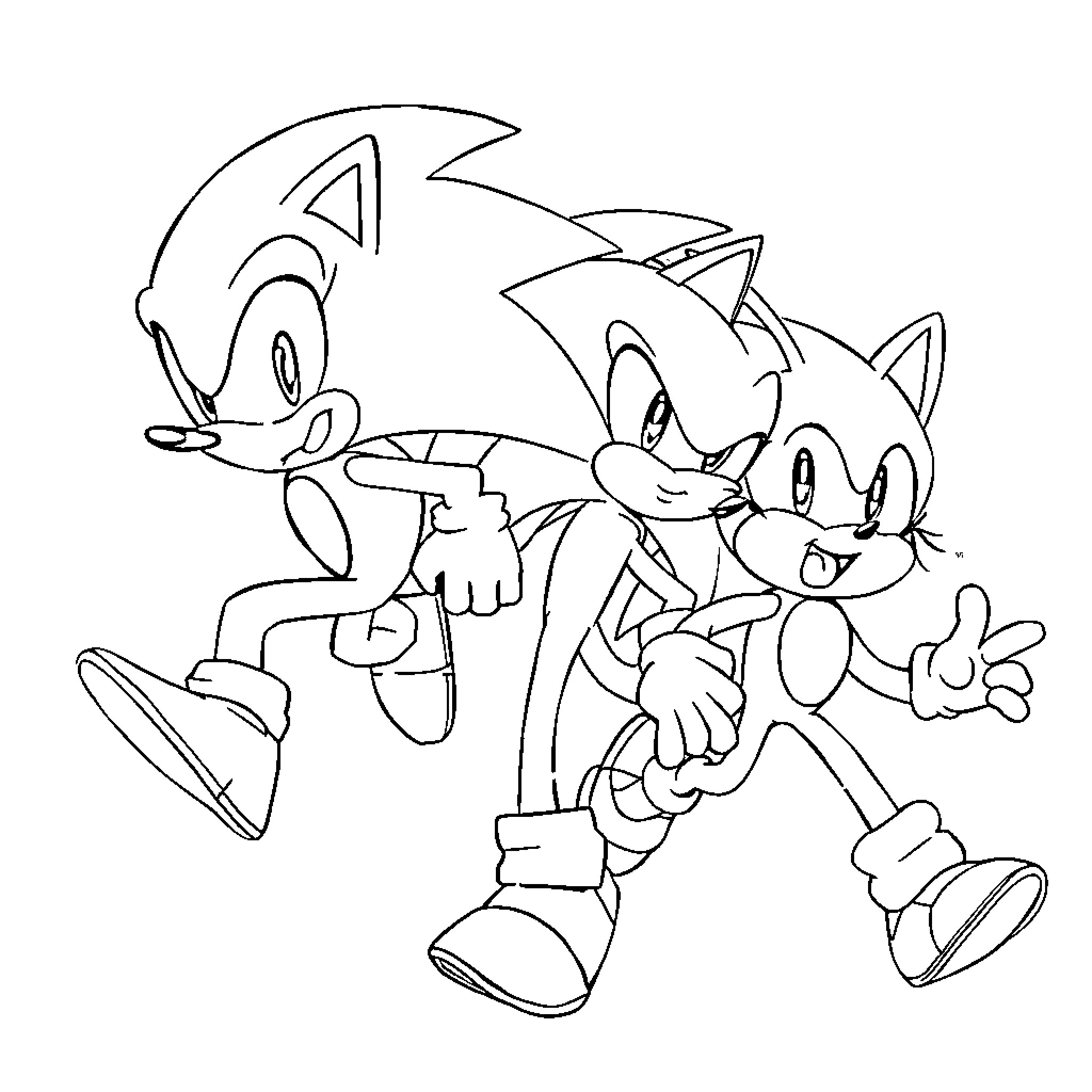 Sonic and friends in action-packed poses Coloring Page (free black-and-white line drawing printable PDF for all, from beginners to advanced learners, including children, teens, adults, and seniors)