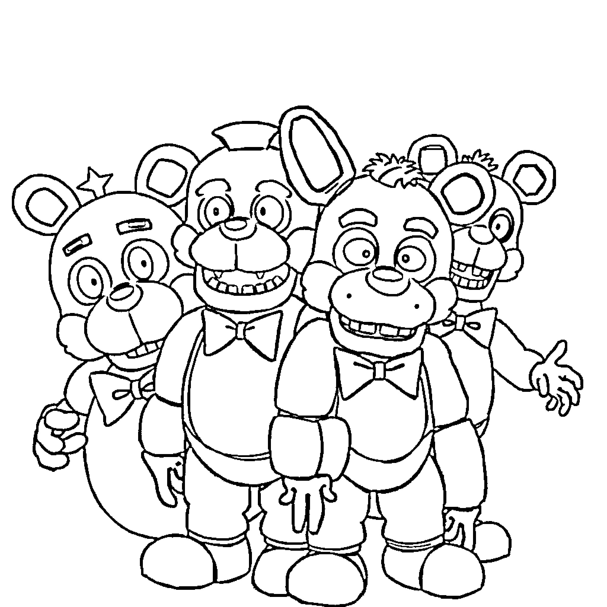 Charger Animatronic characters in a group portrait Coloring Page (free black-and-white line drawing printable PDF for all, from beginners to advanced learners, including children, teens, adults, and seniors)