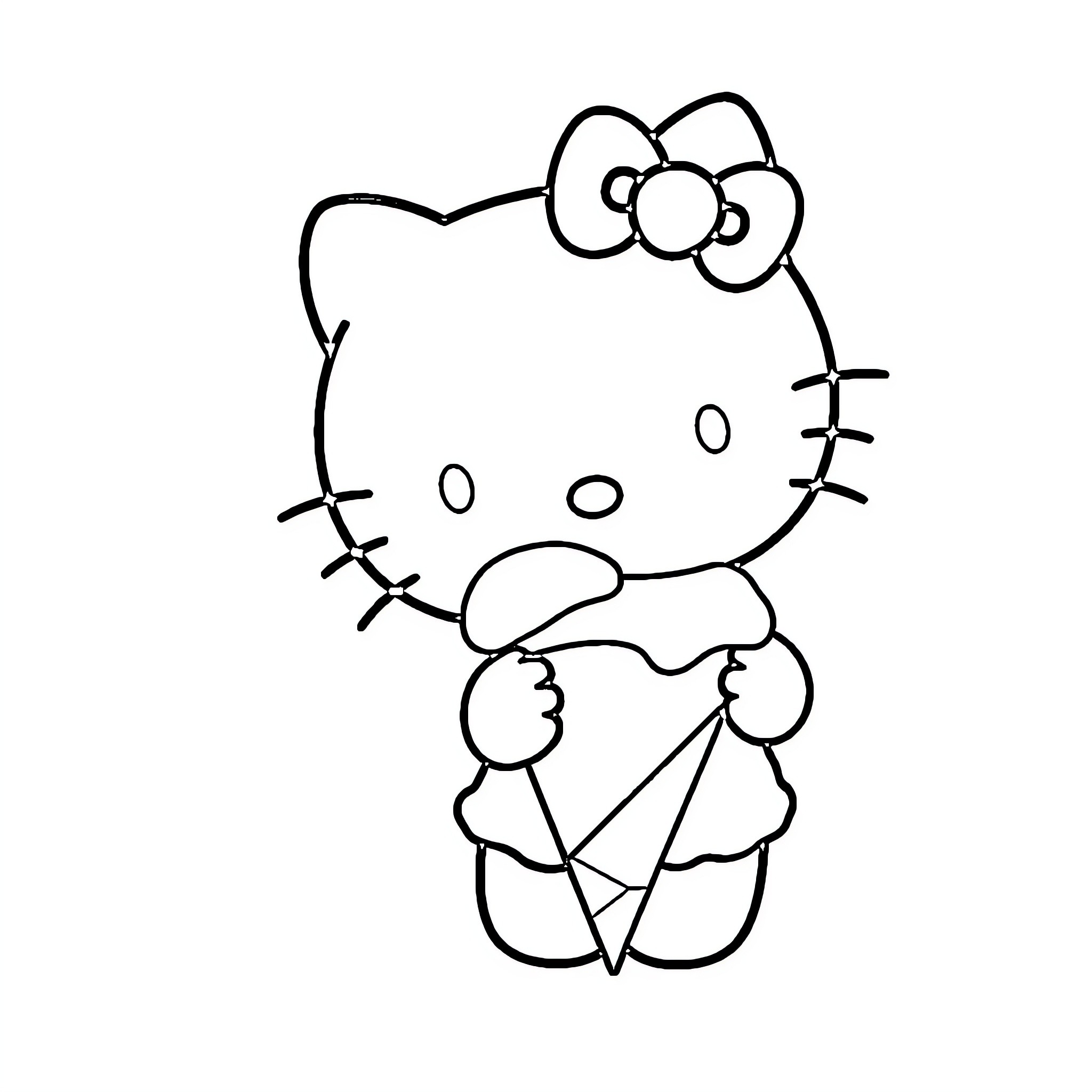 Hello Kitty Enjoying Ice Cream Treat Coloring Page (free black-and-white line drawing printable PDF for all, from beginners to advanced learners, including children, teens, adults, and seniors)