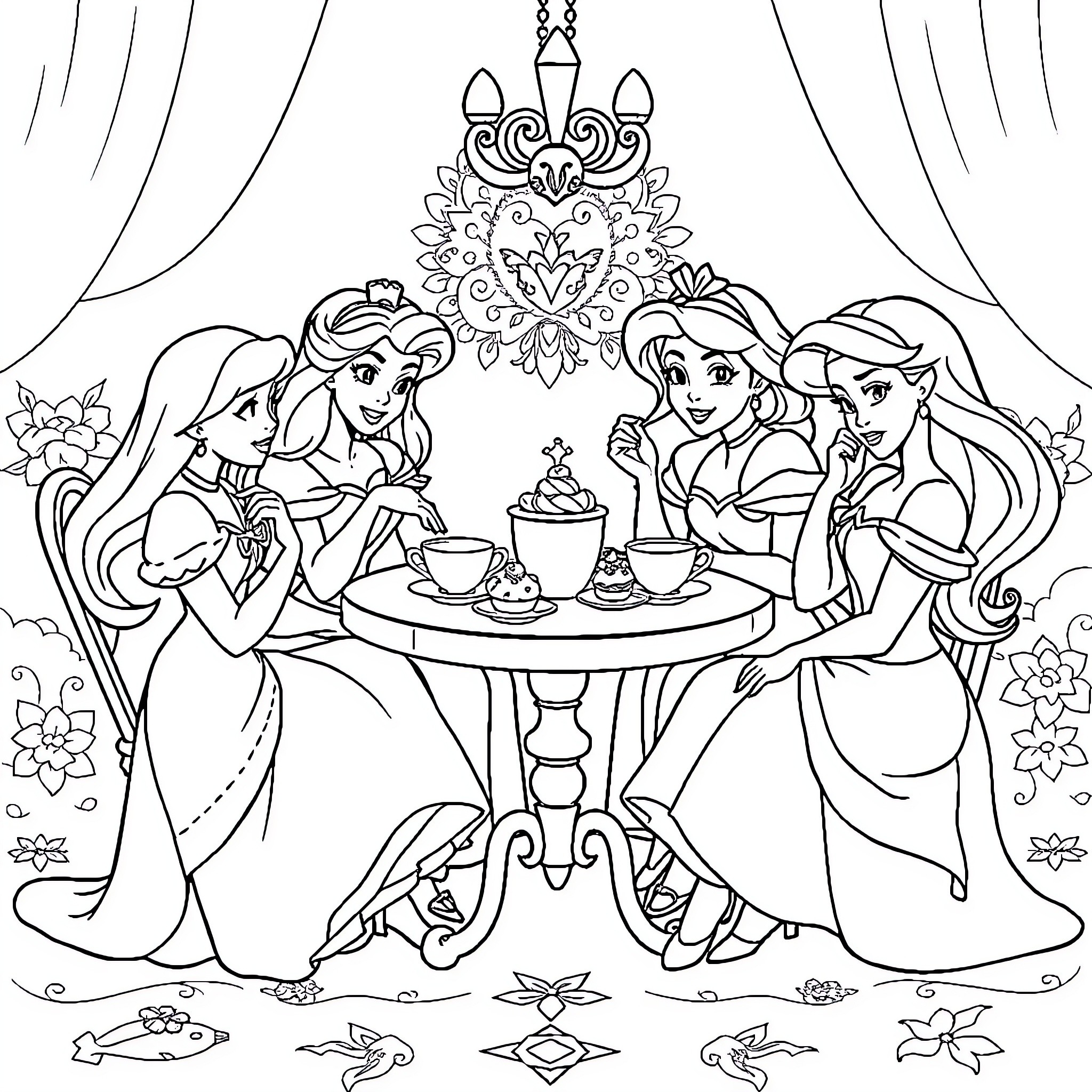 Princess Princesses Enjoying Tea Party Together Coloring Page (free black-and-white line drawing printable PDF for all, from beginners to advanced learners, including children, teens, adults, and seniors)