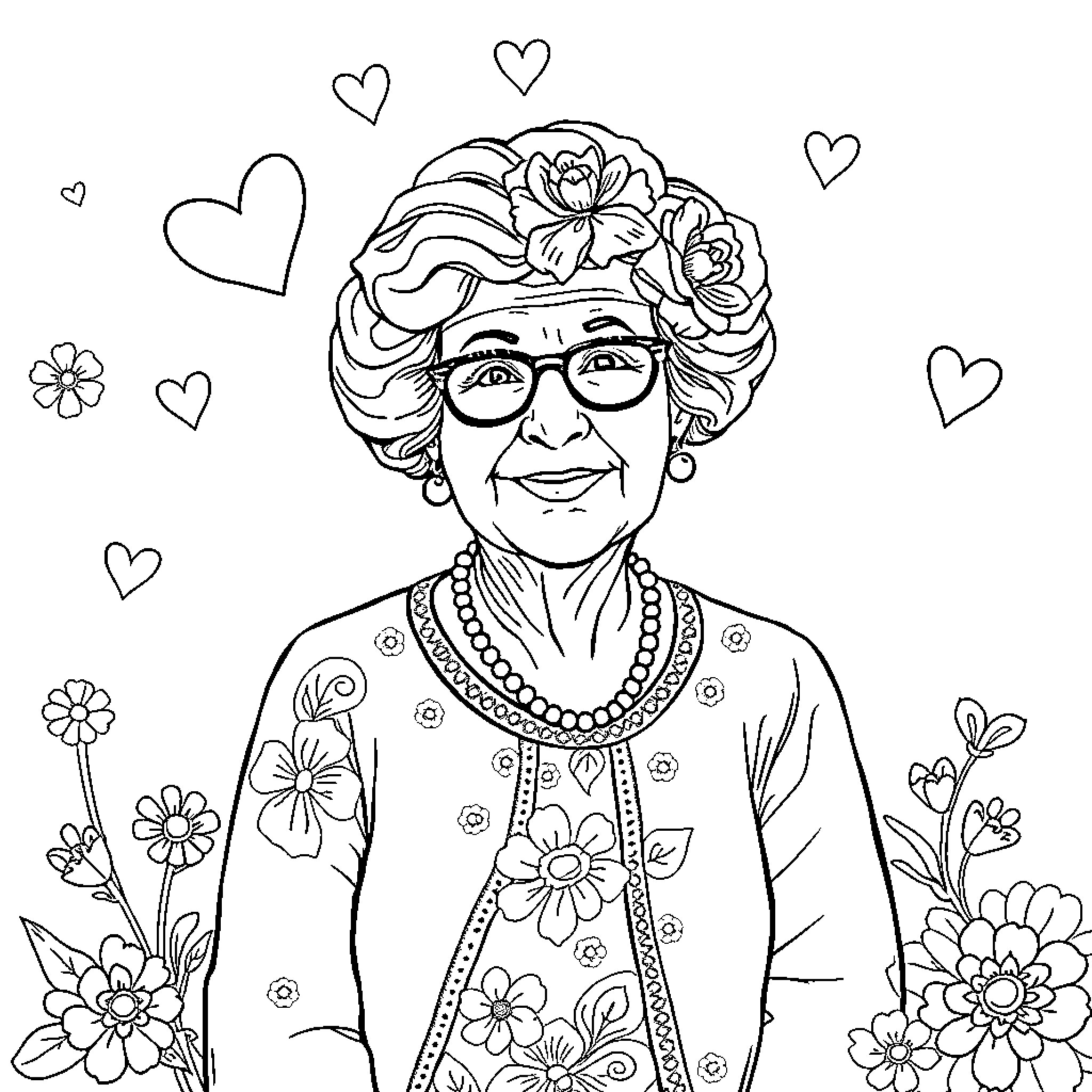 Grandma surrounded by flowers and hearts Coloring Page (free black-and-white line drawing printable PDF for all, from beginners to advanced learners, including children, teens, adults, and seniors)