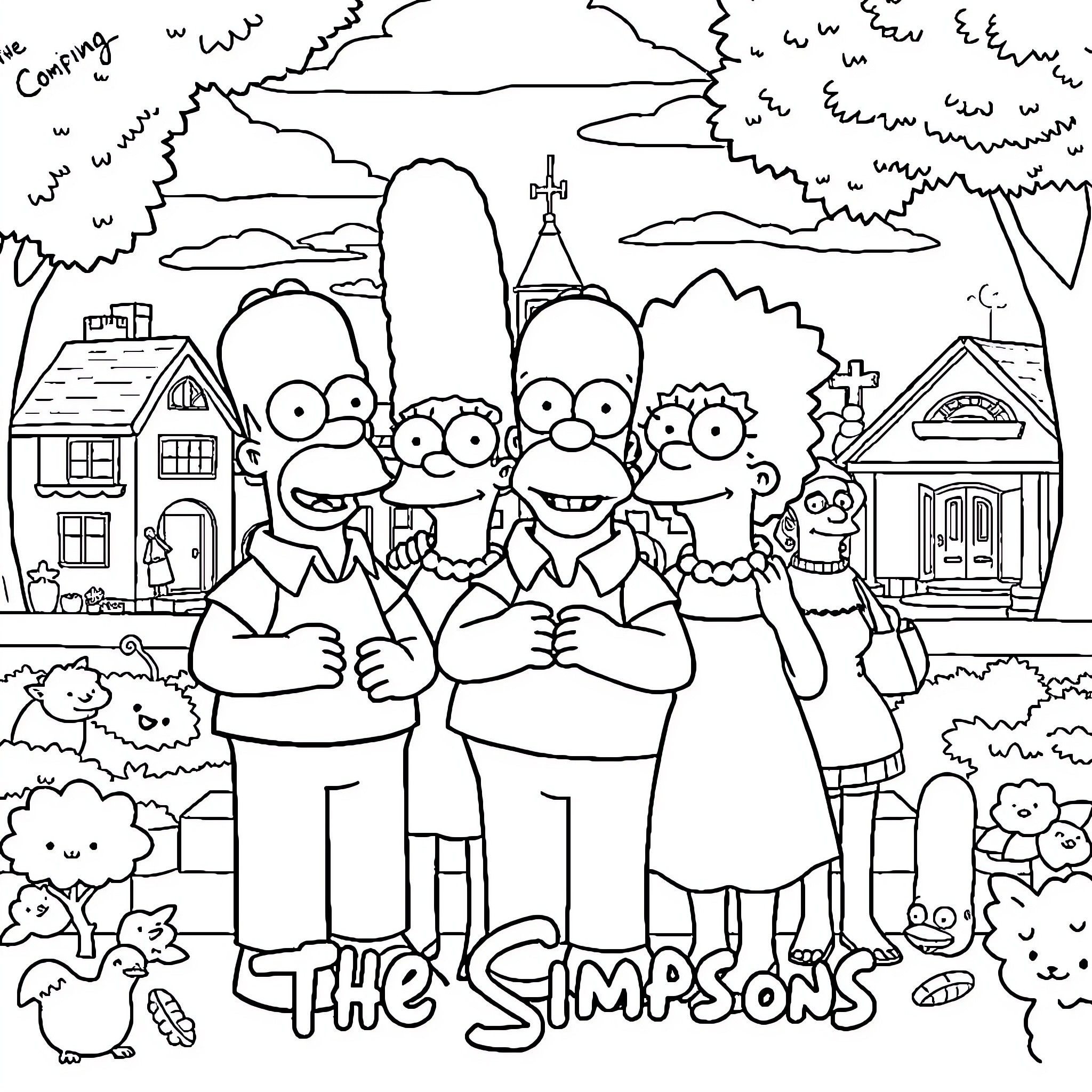 The Simpsons' Family Portrait in Town Coloring Page (free black-and-white line drawing printable PDF for all, from beginners to advanced learners, including children, teens, adults, and seniors)
