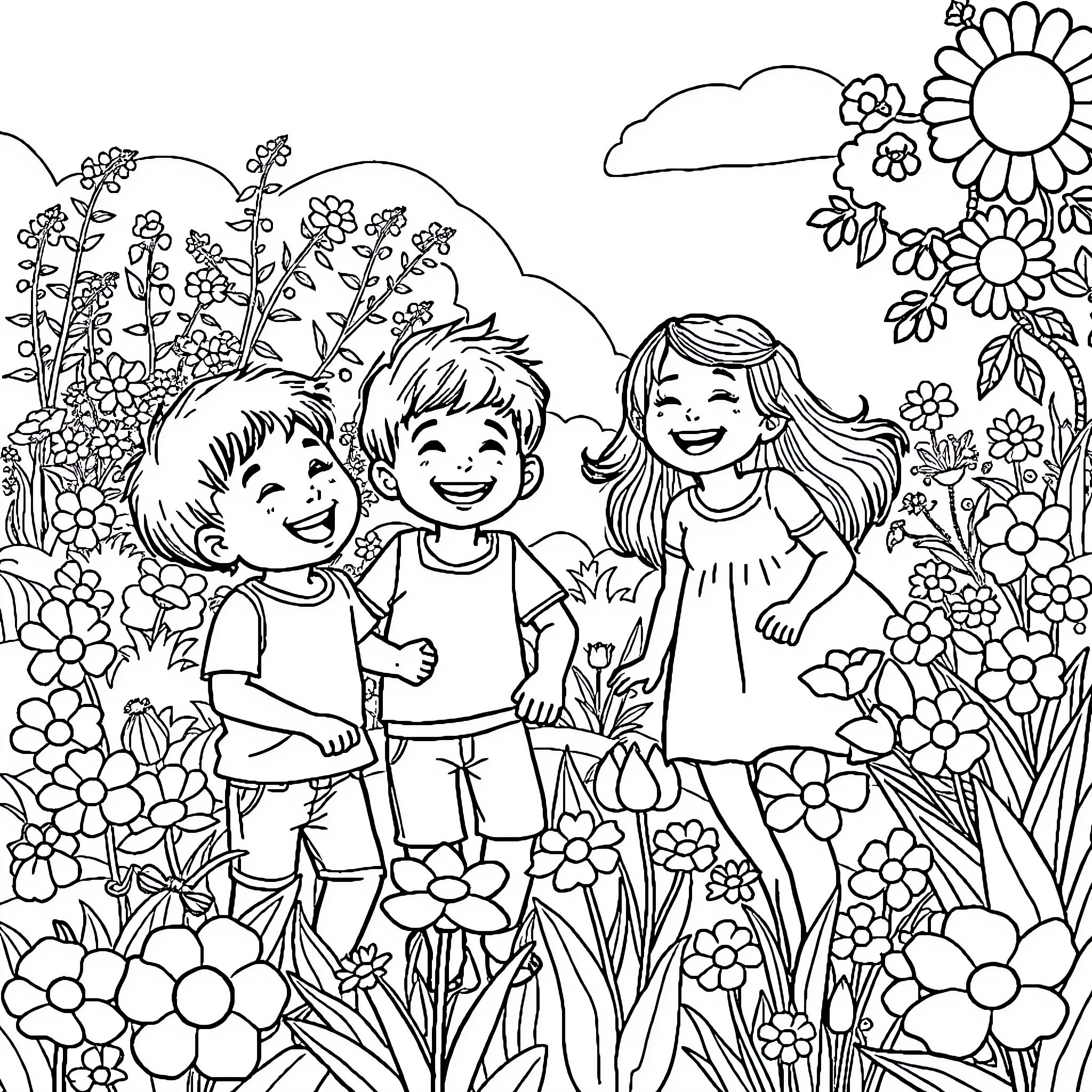 Siblings exploring nature's beauty together Coloring Page (free black-and-white line drawing printable PDF for all, from beginners to advanced learners, including children, teens, adults, and seniors)