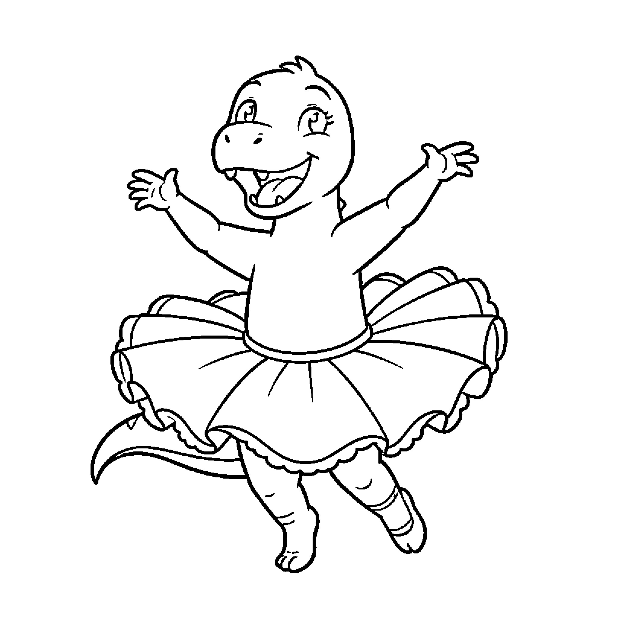 Dinosaur wearing a tutu and dancing happily Coloring Page (free black-and-white line drawing printable PDF for all, from beginners to advanced learners, including children, teens, adults, and seniors)