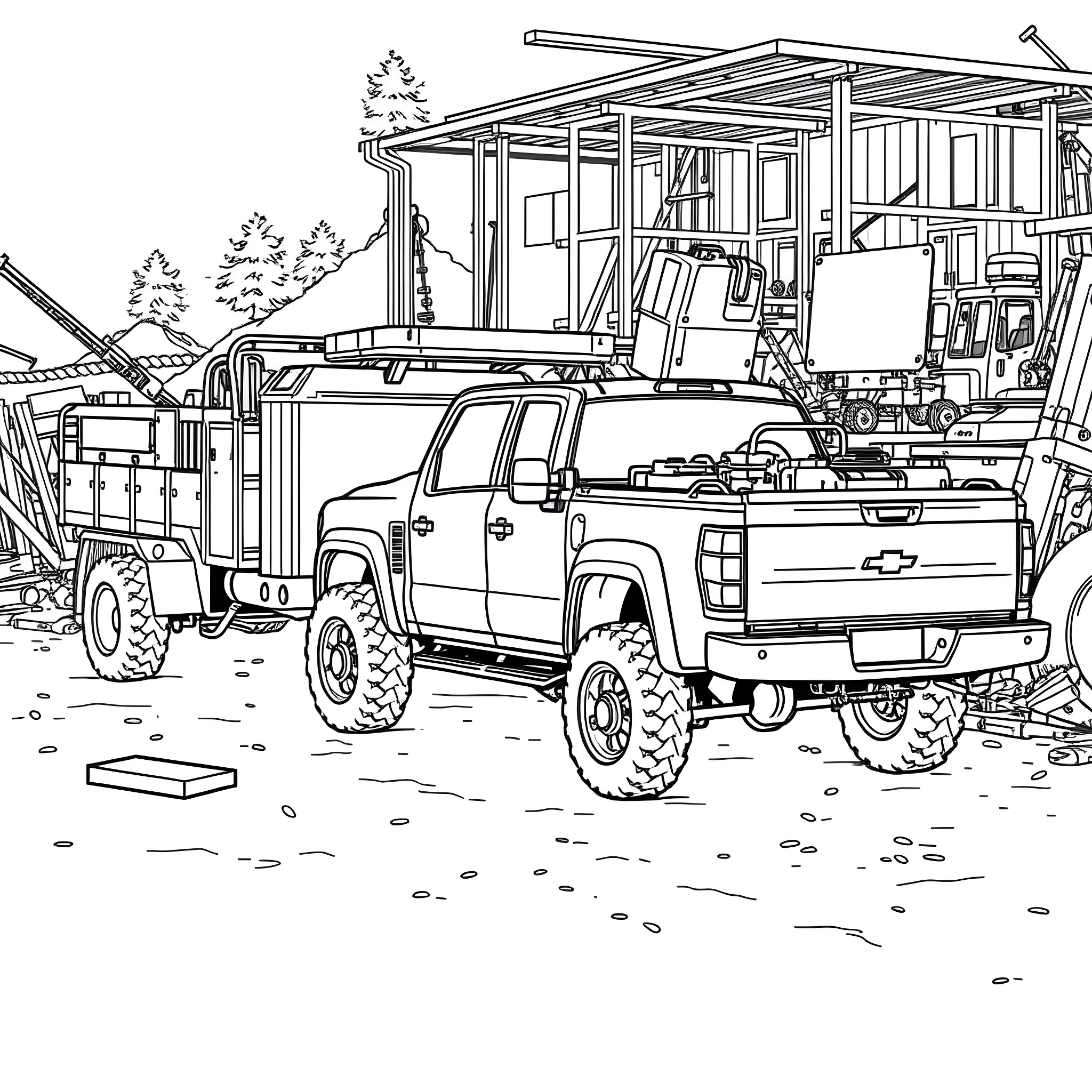 Truck transporting construction materials at work site Coloring Page (free black-and-white line drawing printable PDF for all, from beginners to advanced learners, including children, teens, adults, and seniors)