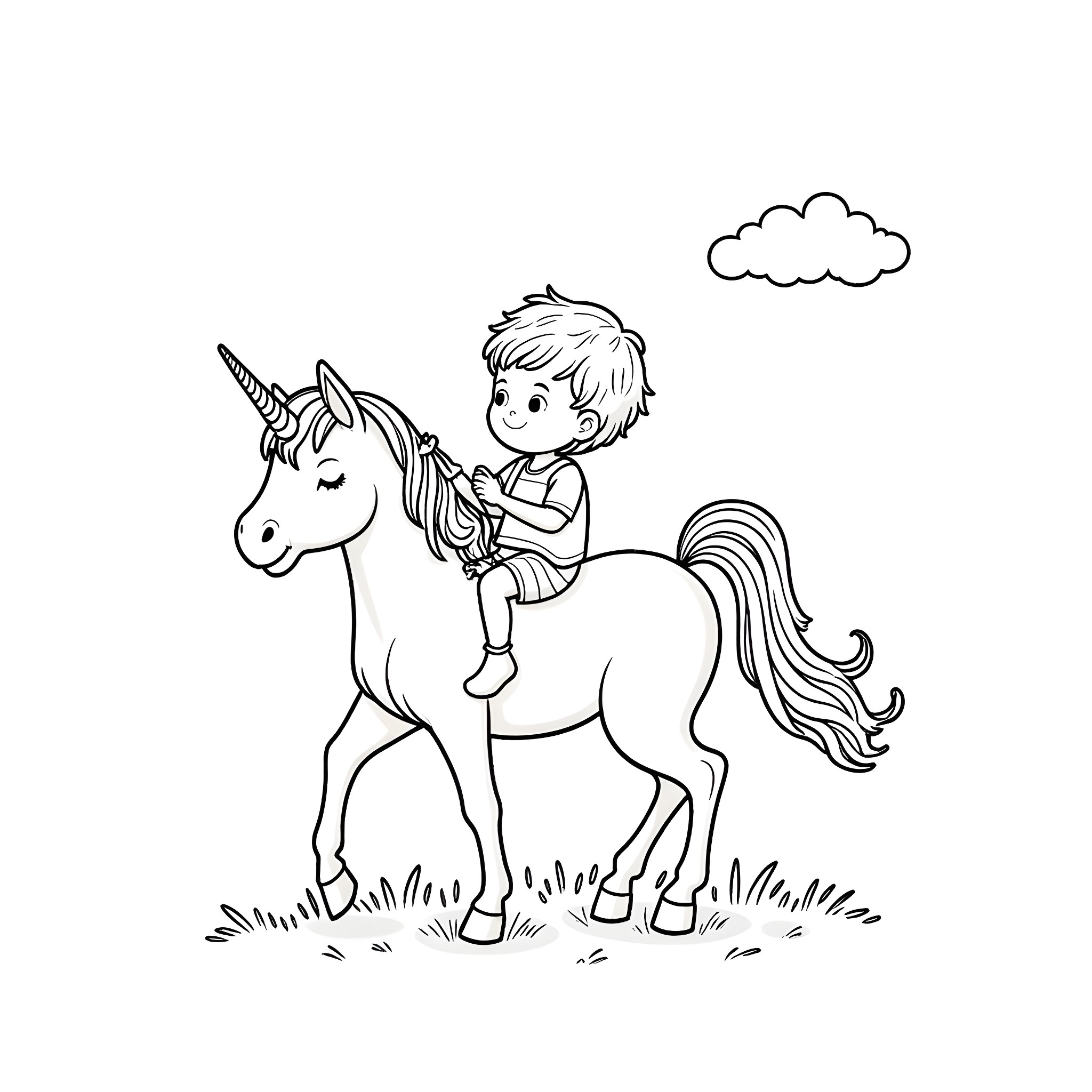 Unicorn and a happy child riding on its back Coloring Page (free black-and-white line drawing printable PDF for all, from beginners to advanced learners, including children, teens, adults, and seniors)