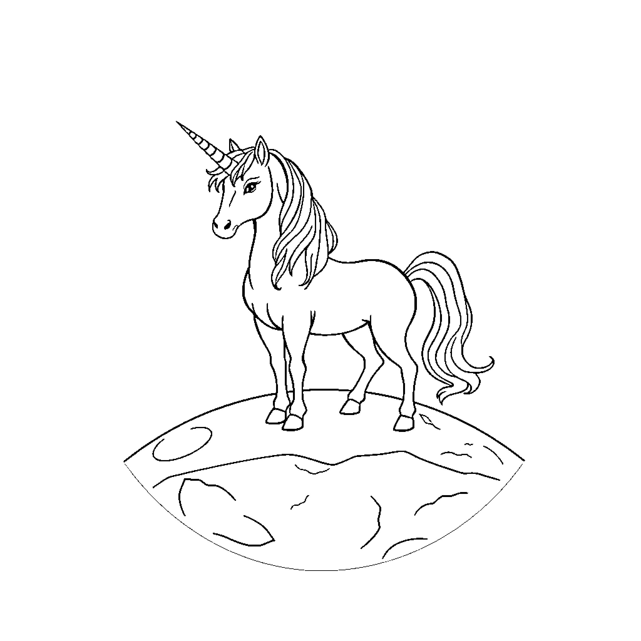 Unicorn Standing Proudly on a Floating Island Coloring Page (free black-and-white line drawing printable PDF for all, from beginners to advanced learners, including children, teens, adults, and seniors)
