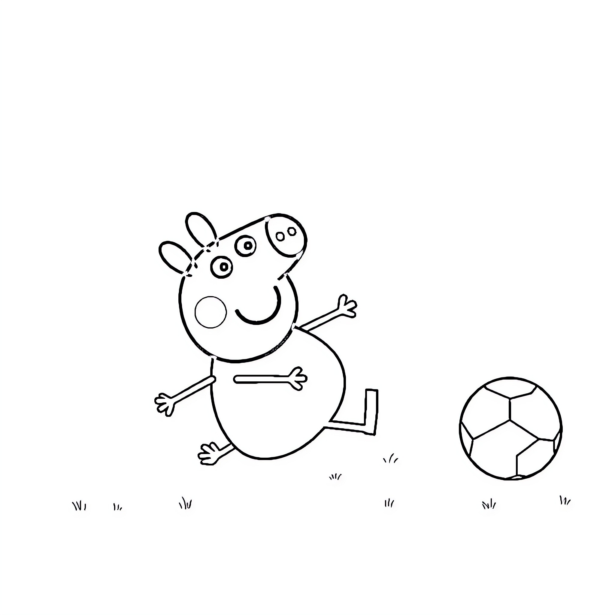 Peppa Pig playing with soccer ball happily Coloring Page (free black-and-white line drawing printable PDF for all, from beginners to advanced learners, including children, teens, adults, and seniors)