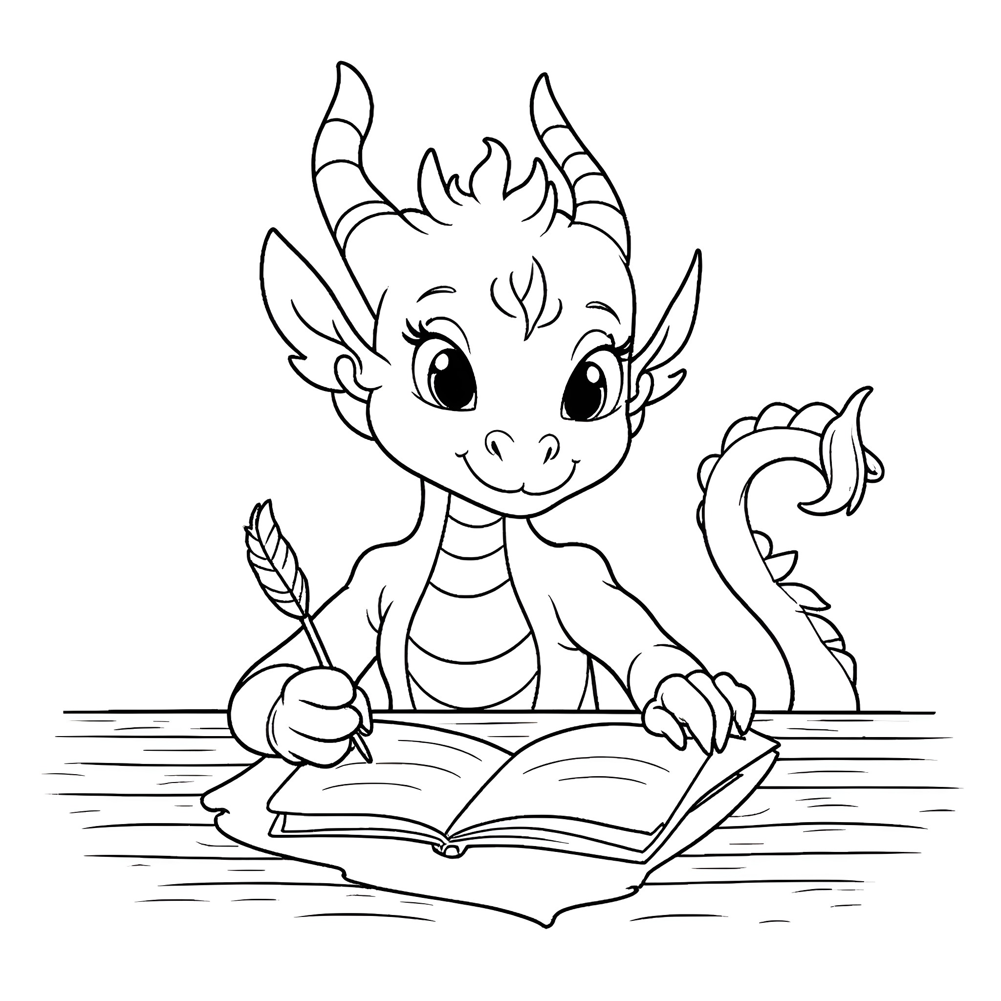 Dragon reading a book with curiosity Coloring Page (free black-and-white line drawing printable PDF for all, from beginners to advanced learners, including children, teens, adults, and seniors)
